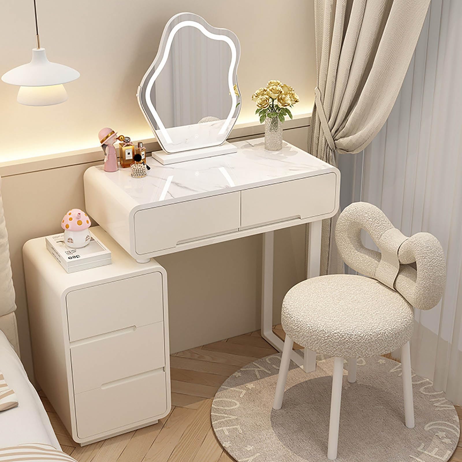 Elegancki zestaw kosmetyczny 3 w 1 z lustrem LED i krzesłem, biała toaletka dla kobiet, kosmetyki i przechowywanie, idealna stacja kosmetyczna i akcesoria glamour Essentials.