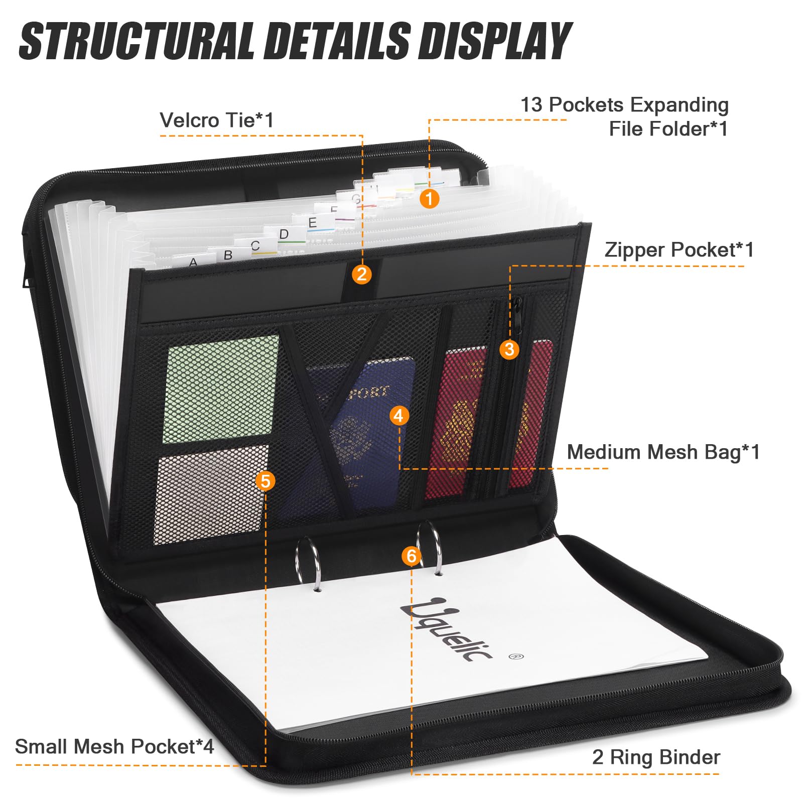 Uquelic A4 Document Organiser Ring Binder, Expanding File Folder with 13 Pockets, Handle, Labels - Image 2