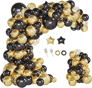 iLaFm 150pcs Black Gold Balloons Garland Arch Kit with Confetti and Star Balloons for Birthday Retirement Graduation New Years Wedding Anniversary Party