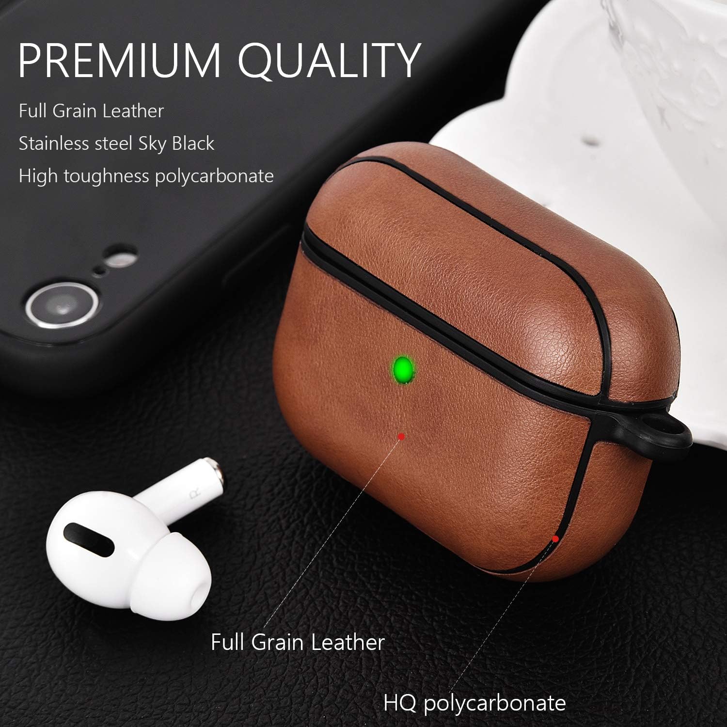 CAGOS Compatible with Airpod Pro Case Leather Airpods Pro Protective Case Cover Skin Women Girl Men with Keychain for Apple Airpods 3 Charging Case (Light Brown)