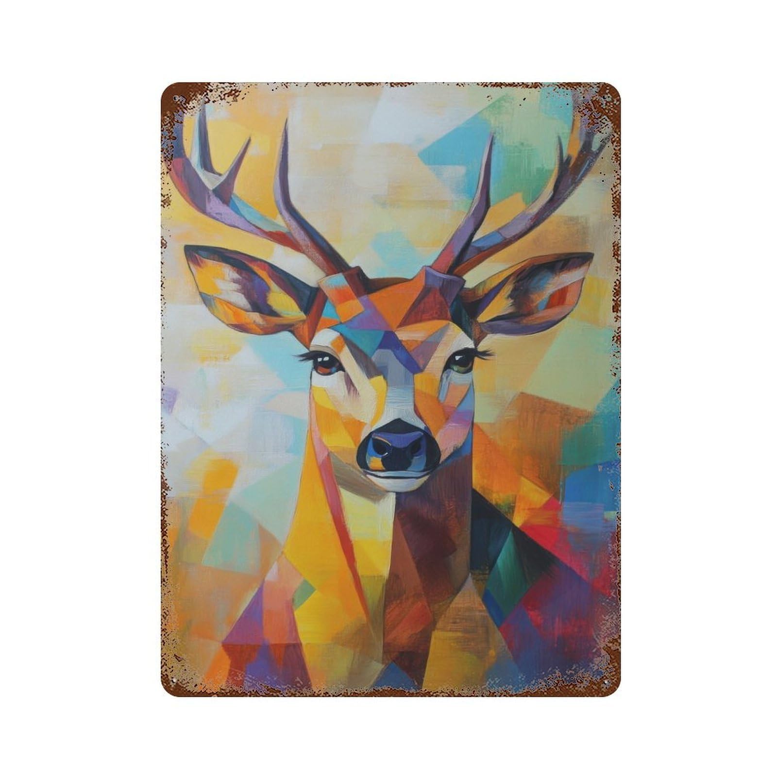 Vintage Rust Metal Sign with Deer Oil Painting Design 15.7"x11.8", for Shed, Workshop And Garage Wall Decor, Classic Wall Plaque