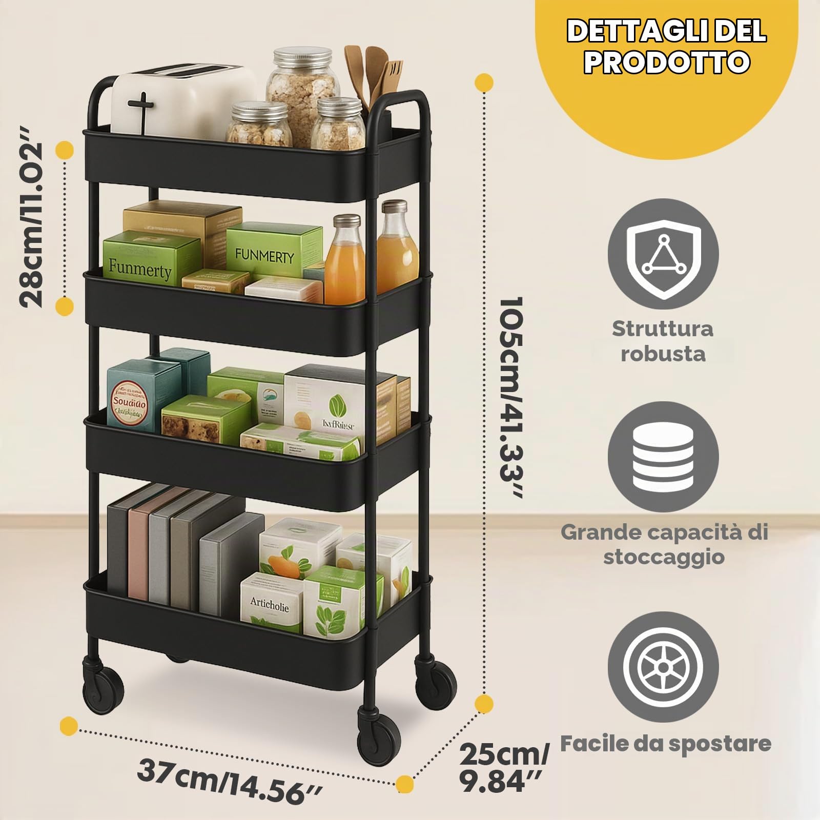 powerking 4-Tier Rolling Utility Cart, Scaffali mobili multifunzionali di stoccaggio con maniglia, Carrello organizzatore mobile per ufficio, Bagno, Soggiorno, Cucina, Luoghi stretti (Nero, 4-Tiers)
