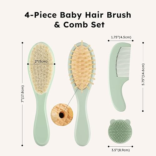 Miniatura 7 de Yoofoss Juego de 4 cepillos y peine para el pelo del bebé, cepillo de madera para el pelo del bebé con pelo de cabra ultra suave natural, juego de