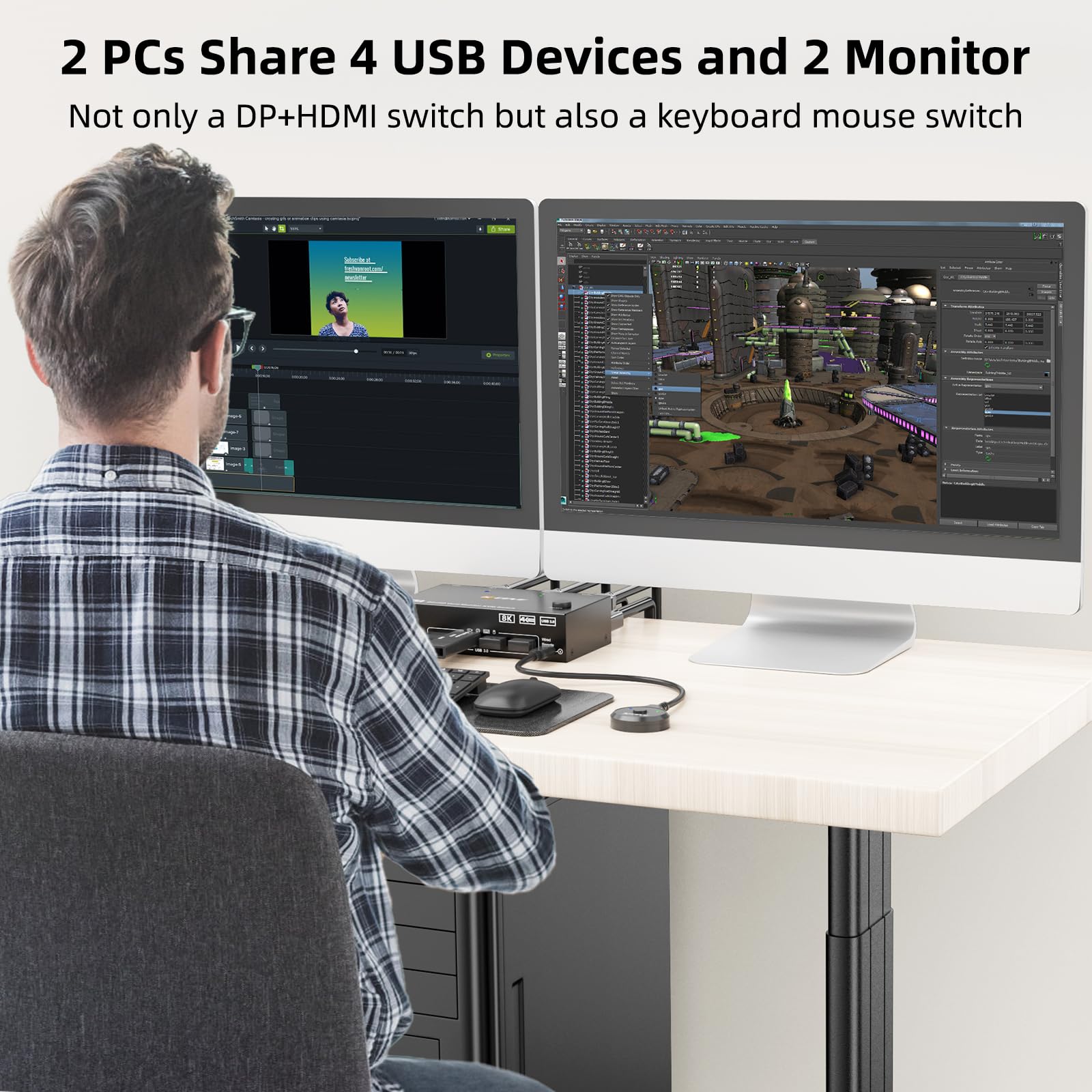 8K KVM Switch 2 PC 2 Monitore 8K@60Hz 4K@144Hz Displayport+HDMI Dual Monitore KVM Switch für 2 PC Share 2 Monitore und 4 USB 3.0 Geräte, Kabelfernbedienung, 12V Netzteil und USB Kabel enthalten