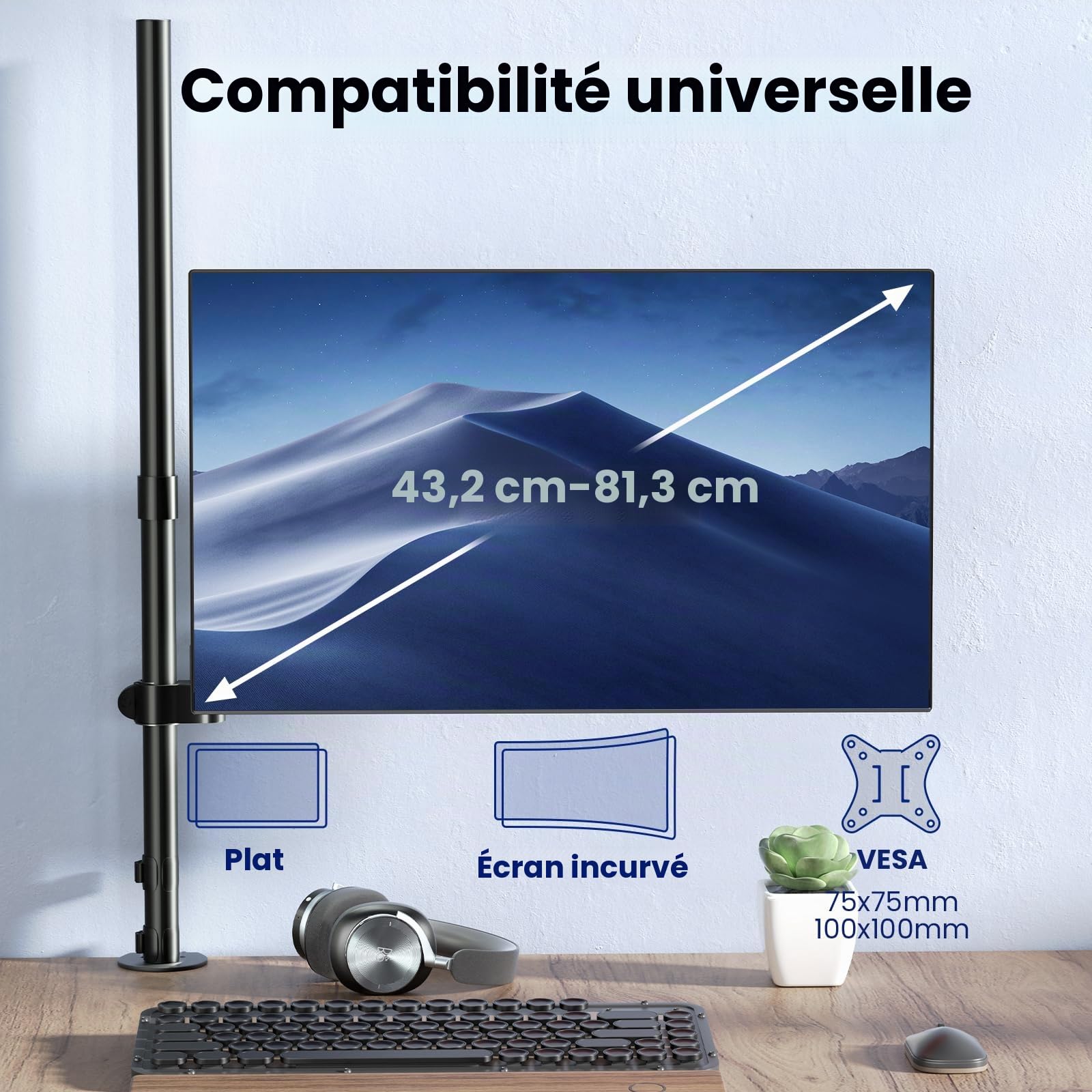 PUTORSEN Support Ecran PC, Bras Ecran pour Écran LCD/LED 17-32 Pouces (88.7cm de Altura Ajustable), Charge maximale 9kg, VESA 75/100