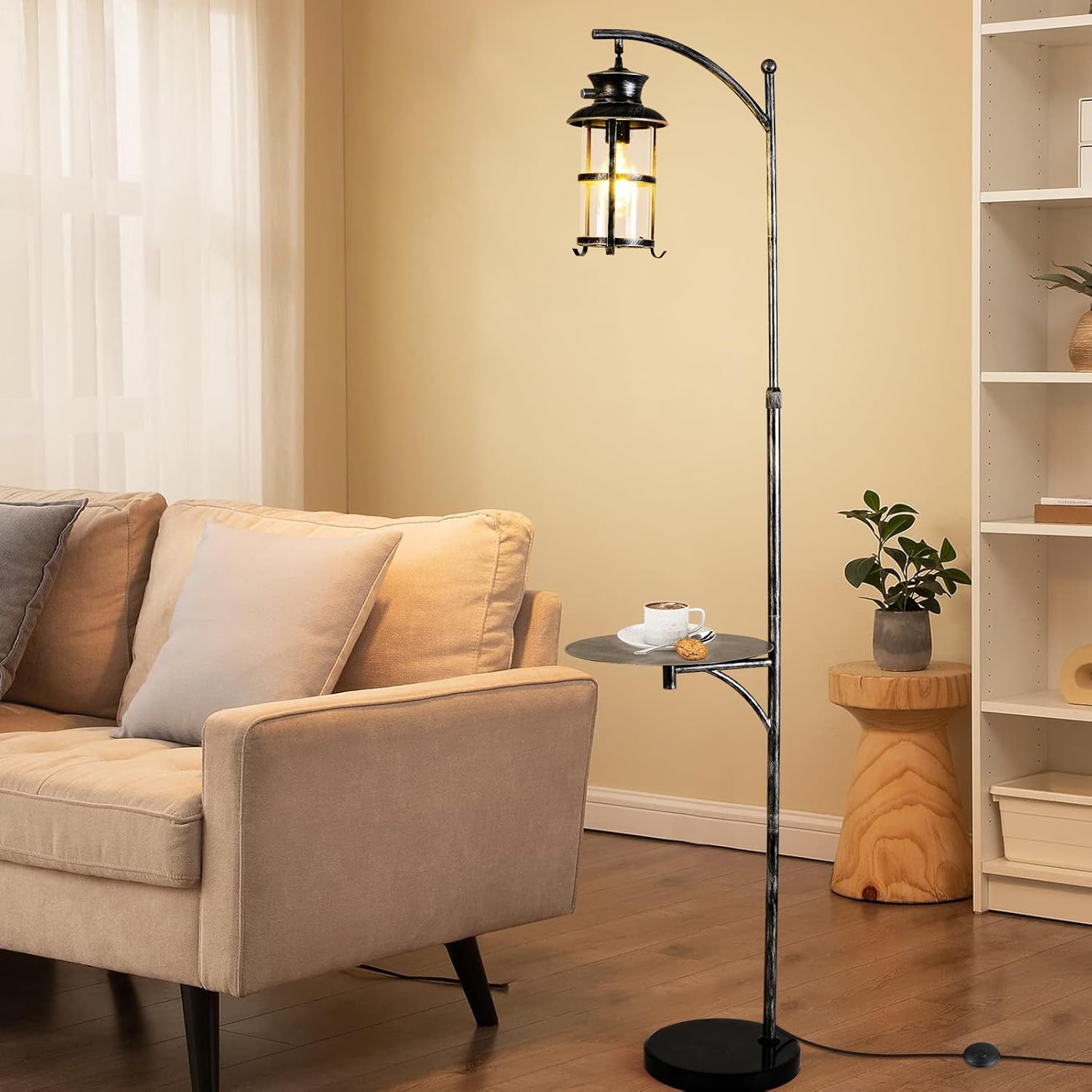 beaysyty Farmhouse Retro Adjustable Floor Lamps with Tray Lantern Tall Standing lamp for Bedroom Home Decor for Office Living Room Bedroom, Knob Switch (Silver Gray)