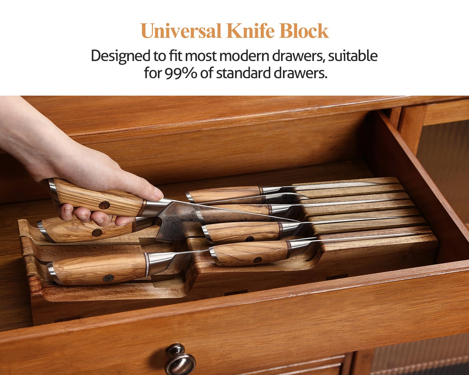 XINZUO Madera de Acacia de Bloque Portacuchillos para Cajones 43,6x11,5x5,3cm Reposacuchillos -Organizador de Cuchillos para Cajón para 3 Cuchillos Largos+4 Cortos (Sin Cuchillos)-Con Caja de Regalo