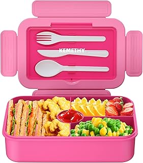 Bento Lunch Box for Kids, 4 Compartment Lunch Box Kids, Leak Proof Lunchbox with Tableware for Kids Lunch boxes for School, Microwave/Dishwasher/Freezer Safe, BPA-Free and Reusable, Pink