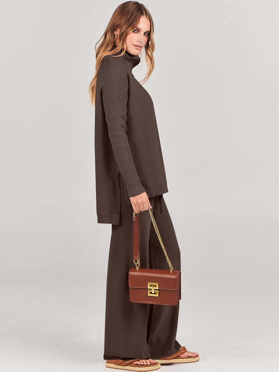 ANRABESS Women Two Piece Outfits Oversized Turtleneck Knit Pullover Sweater Top Wide Leg Pants Lounge Set Sweatsuit 2025 Fall - Image 3