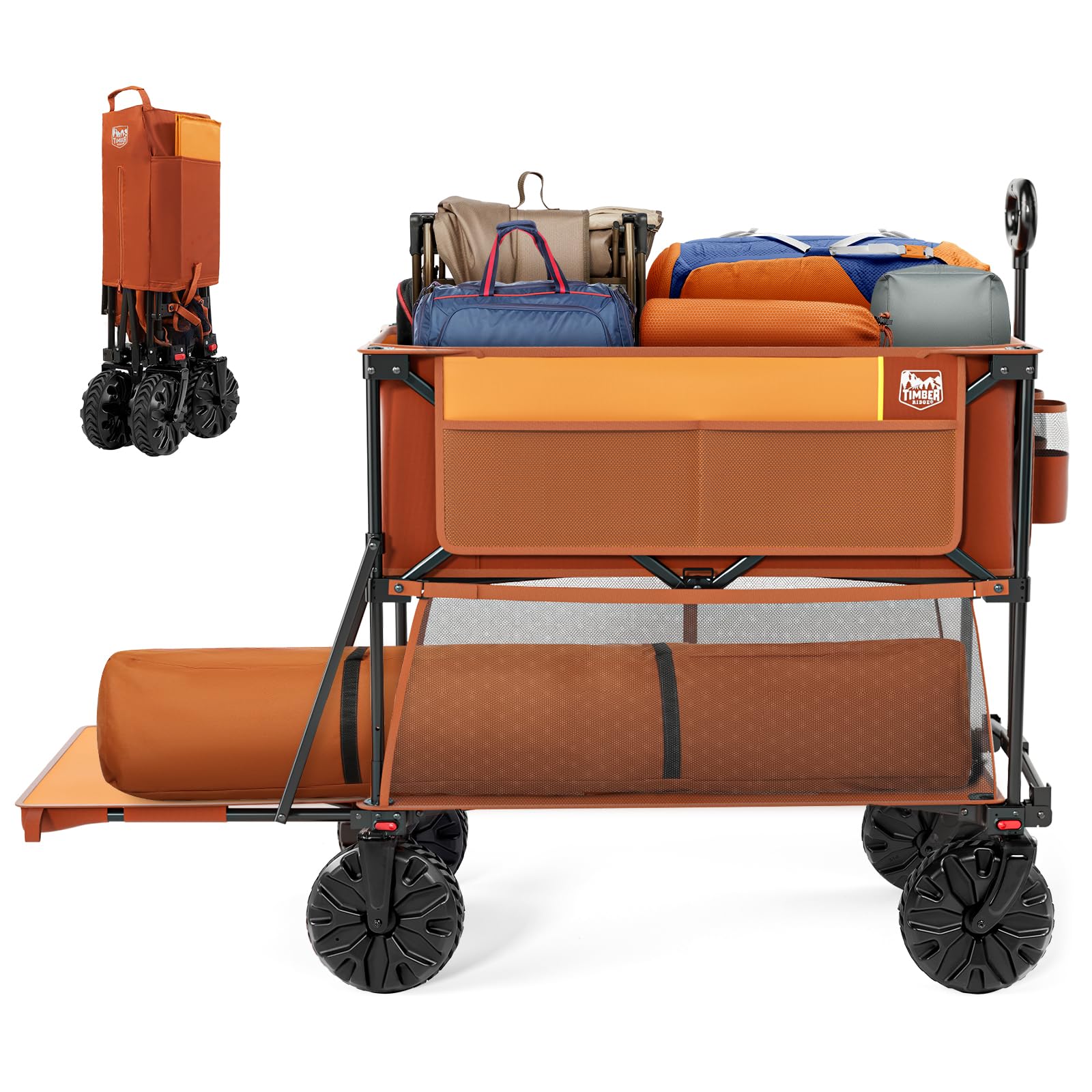 TIMBER RIDGE 400L Large Capacity Folding Double Decker Wagon, 54" Extra Long Extender Wagon Cart, 450lbs Heavy Duty Collapsible Wagon, All-Terrain Big Wheels for Camping, Sports, Shopping, Orange
