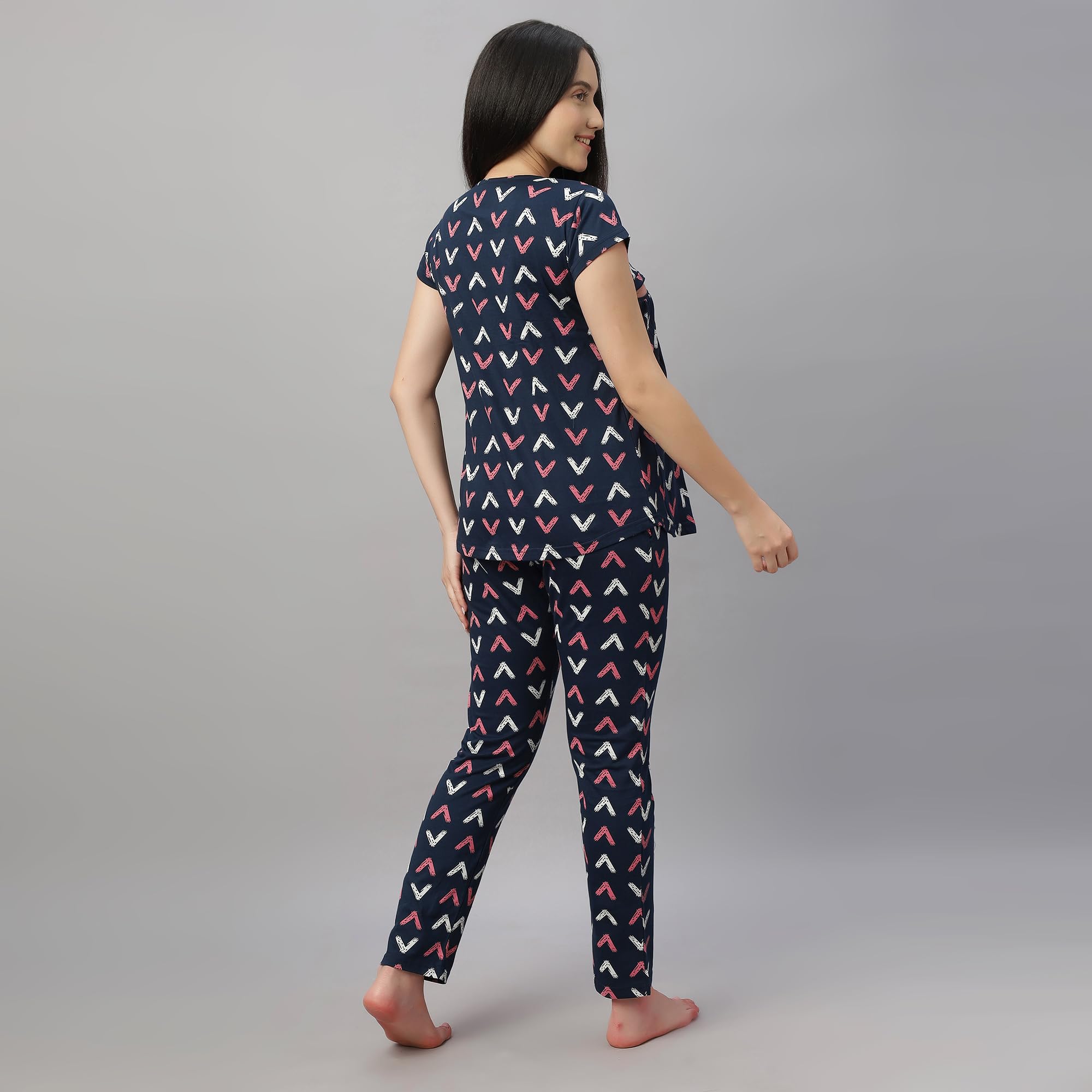 DZZO Cotton New Women's Printed Maternity Night Suit | Comfortable Feeding Night Dress | for Breathable Nursing Pajama Set | Color - Navy, Size - XL - Image 4 thumbnail