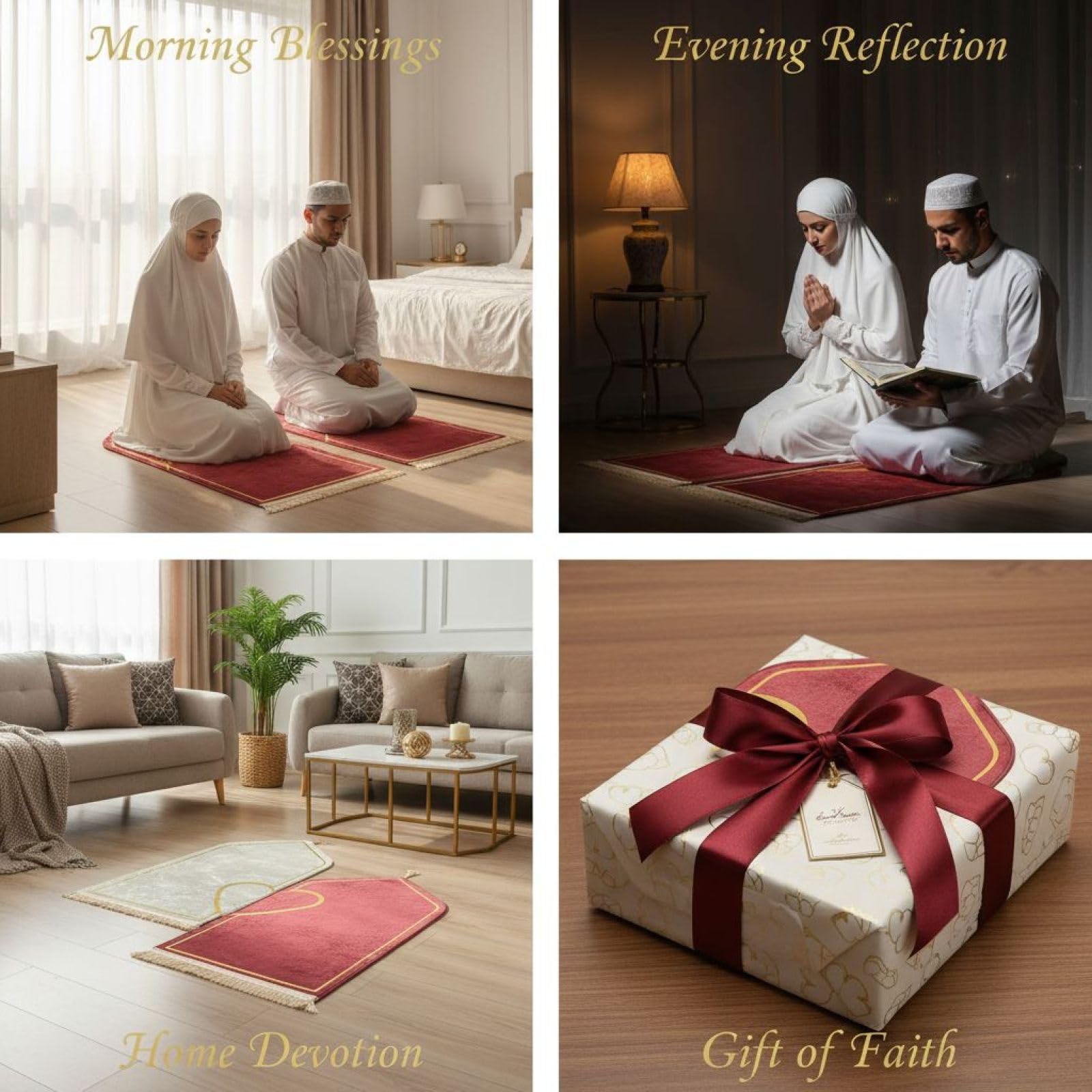 Lot de 2 tapis de prière pour couples - Motif cœur - 67,1 x 110 cm - Doux et antidérapant - Cadeau islamique parfait pour décoration de chambre à coucher et salon