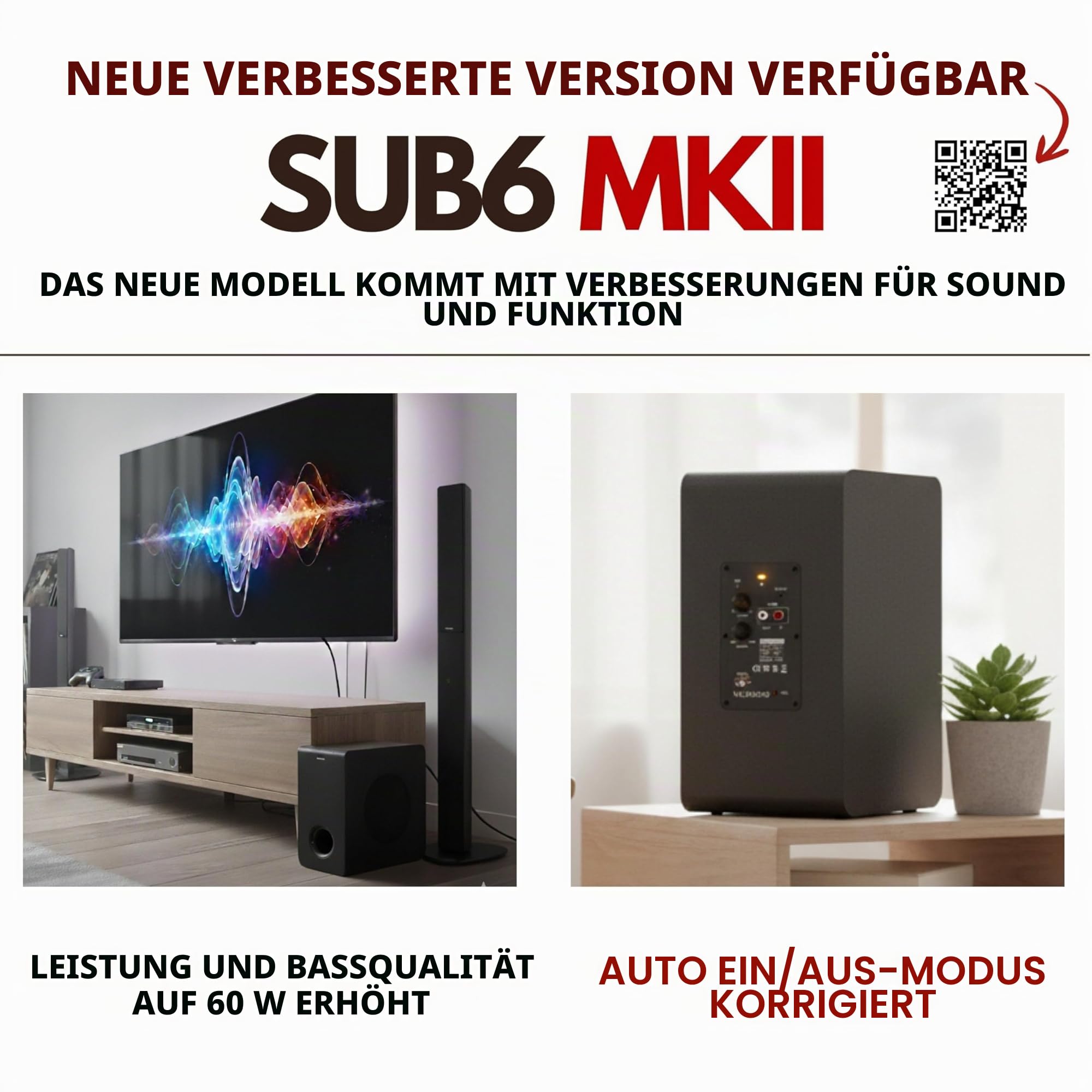 VULKKANO SUB6 Subwoofer Activ 6.5 Zoll, Frequenz 60Hz-250Hz