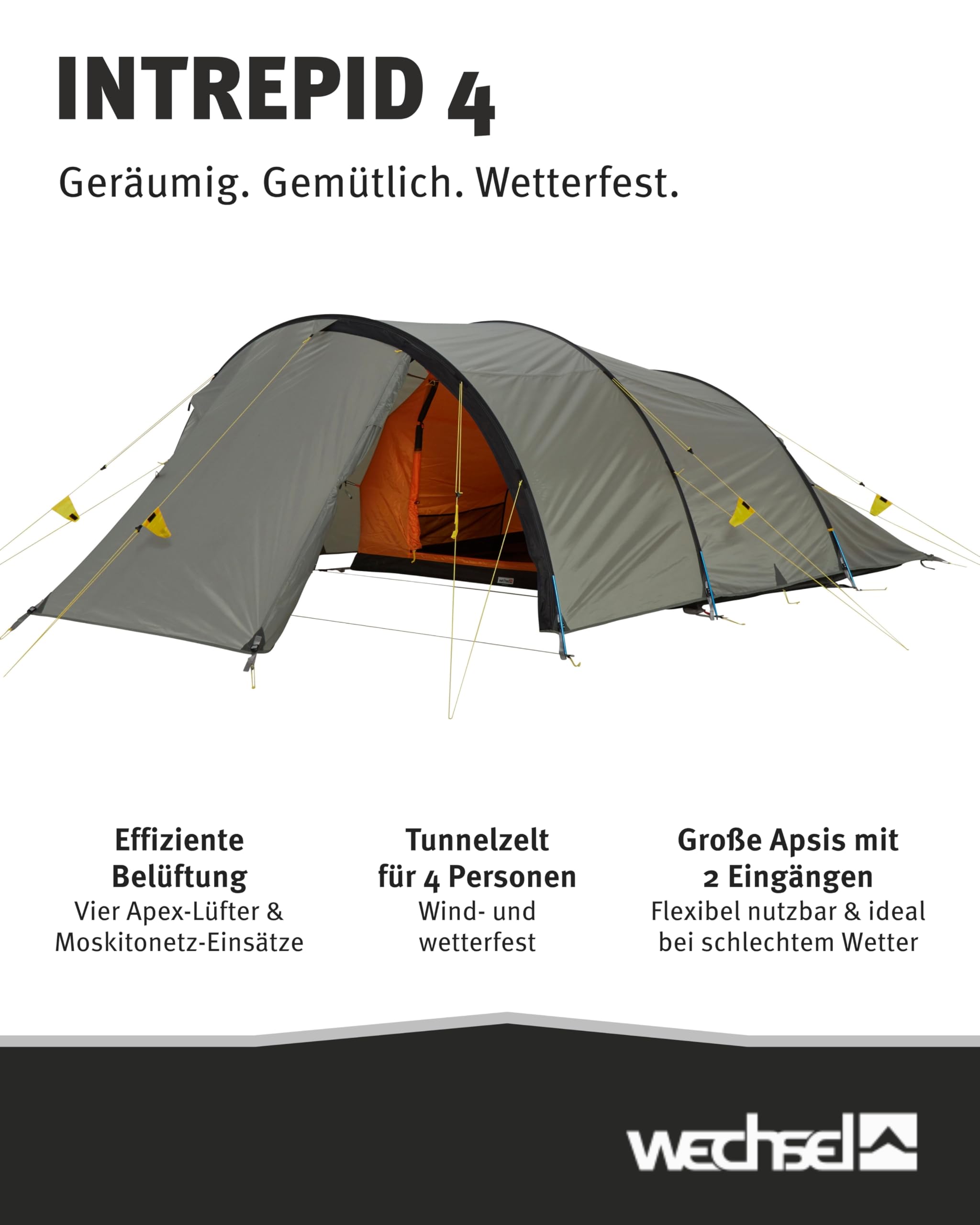 Wechsel Tunnelzelt Intrepid 4 I geräumiges Zelt für 4 Personen I Wetter- & windfestes Campingzelt mit 2 Eingängen I Outdoor-Familienzelt ideal für den Camping-Urlaub