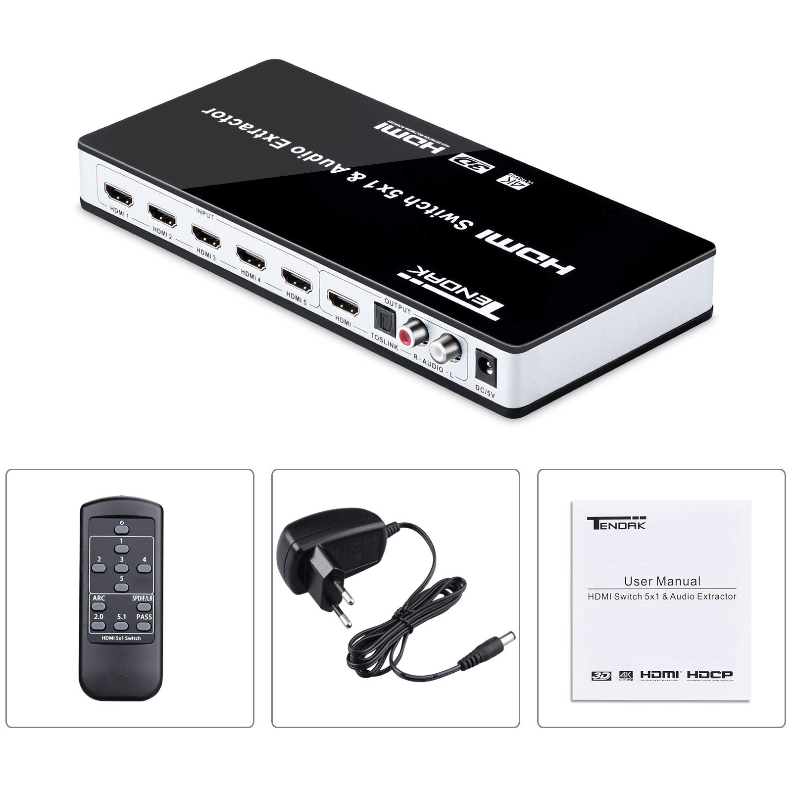 Tendak Switch HDMI Commutateur 4K 5 Entrées 1 Sortie SPDIF Extracteur Audio L/R Télécommande IR Arc Support 1080P 3D PS4 Xbox One Nintendo