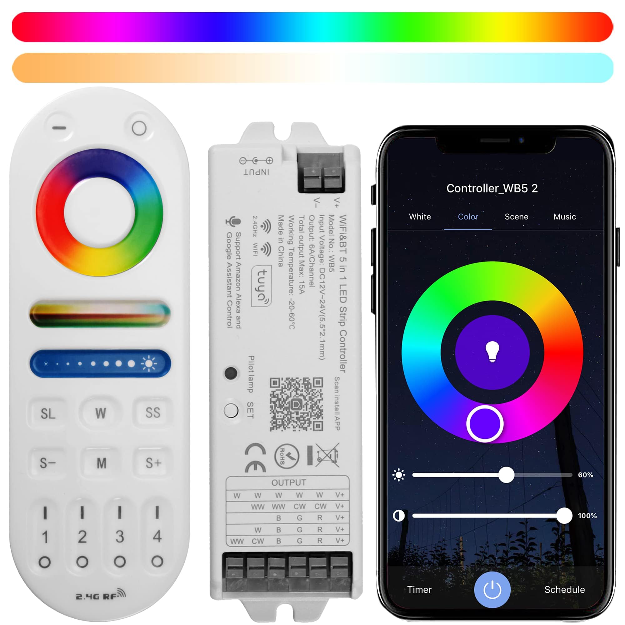 LM091+WB5 - Kit de mando a distancia WiFi para RGB CCT RGBW regulación, tira de luces LED, control inalámbrico RF de 4 zonas + controlador LED 5 en 1 CC 12-24 V compatible con Alexa Google Home