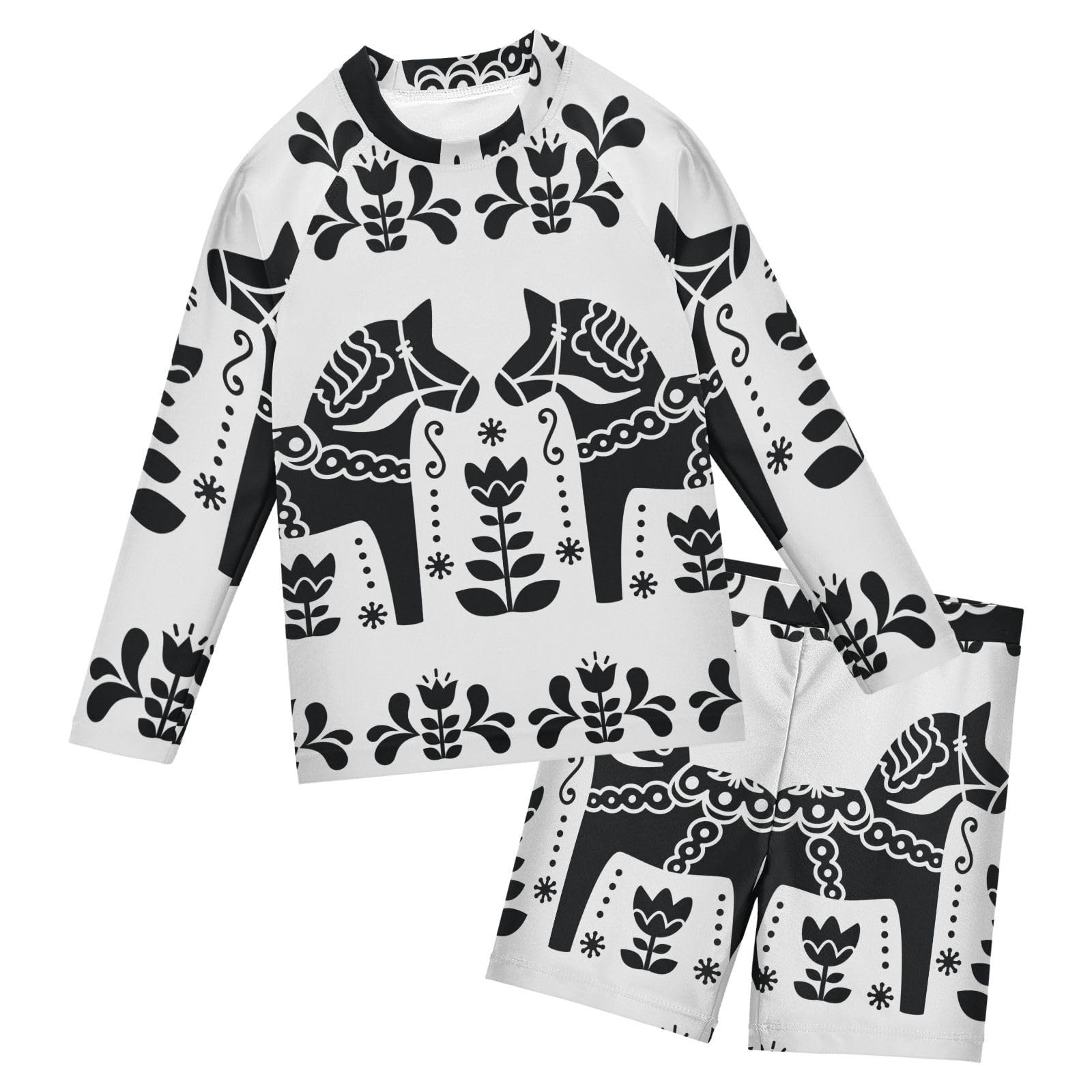 Aflyko Boys 2-Piece Swimwear Dala Horse Black White Flower Art Rashguard Set Swim Trunks with Shirt Soft Fabric Board Shorts Comfy for Everyday Swimmer, 5-6T
