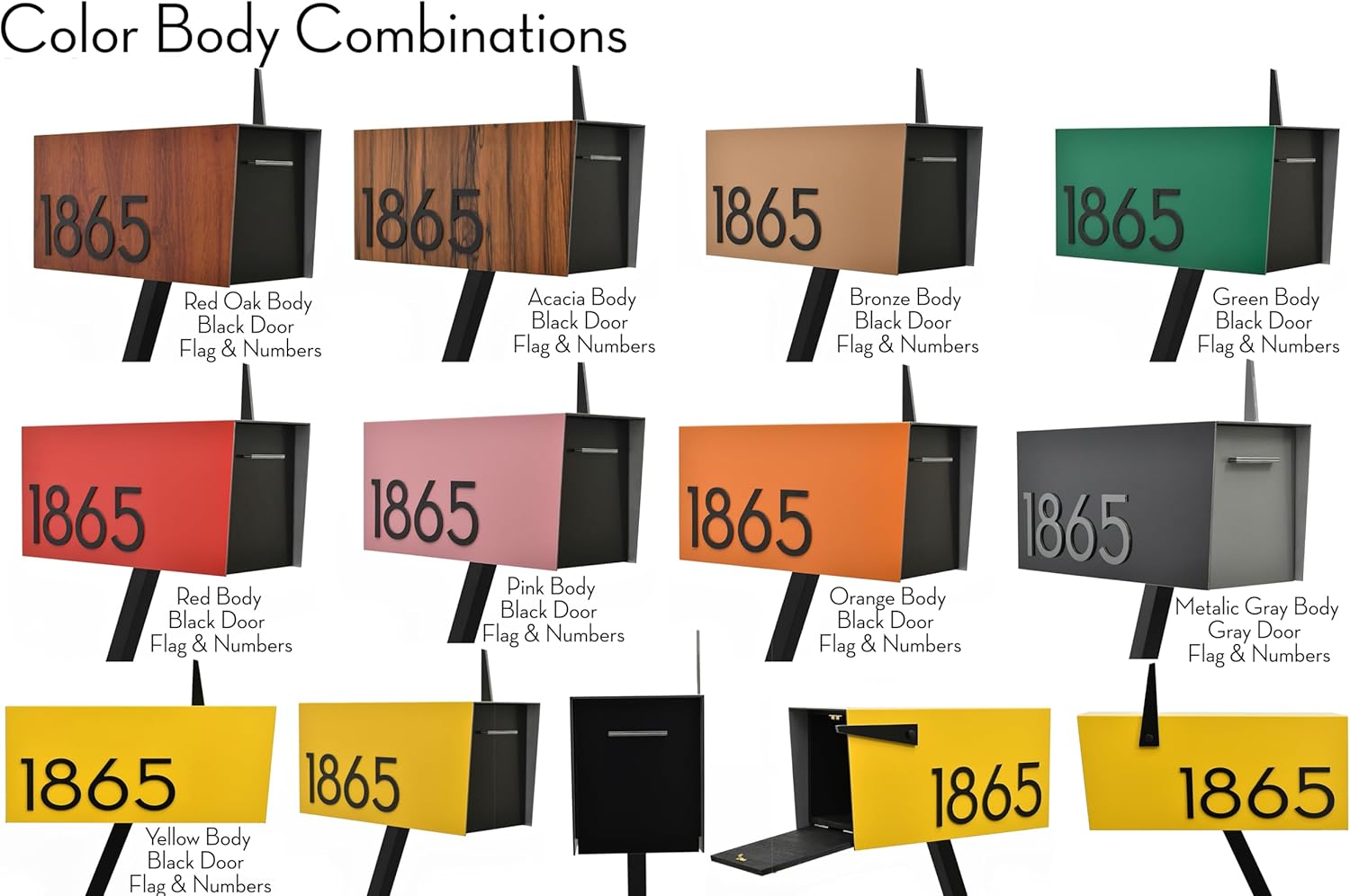 Contemporary Post Mount Mailbox with Aluminum (ACP) Black Body and Color Options for Door and Numbers