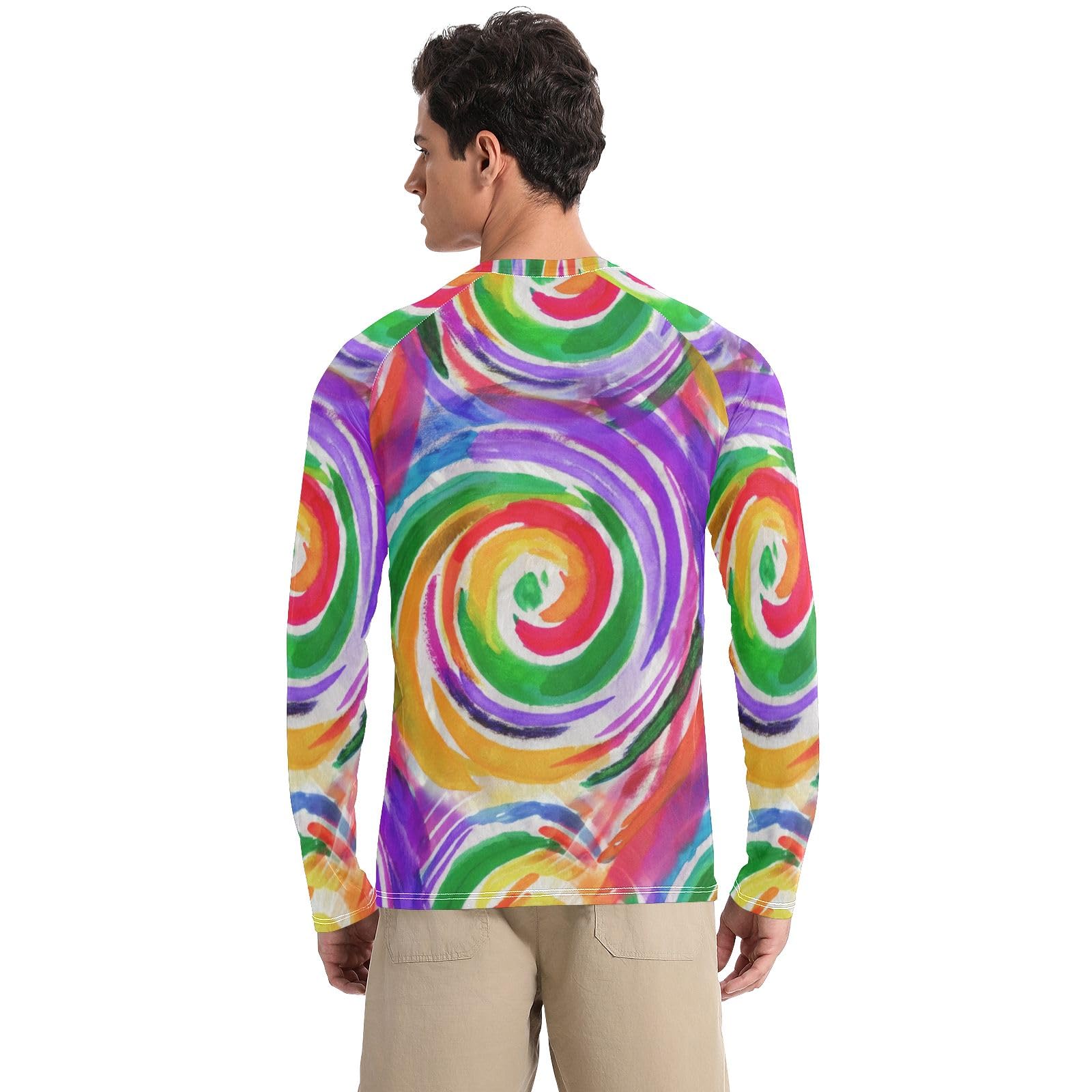 CHIFIGNO Mens UPF 50+ UV Protection Men's Rash Guard Quick Dry Men Rash Guard Long Sleeve Swim Shirts, Colorful Watercolor Spiral, Small