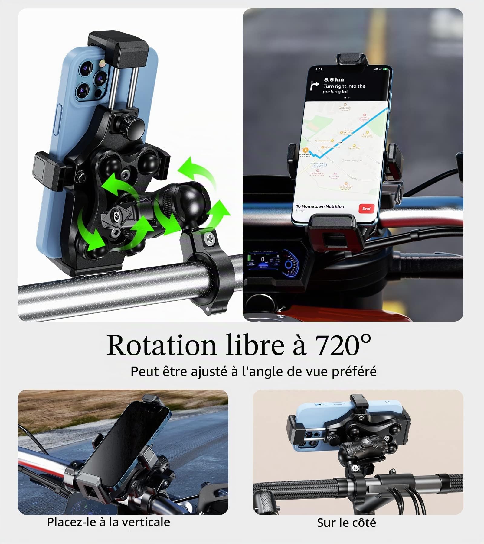 Kewig Support de téléphone pour moto avec amortisseur de vibrations et verrouillage sécurisé à haute vitesse, support antivol pour guidon de moto, vélo, VTT, UTV, scooter pour téléphone de 4.7-7.2"