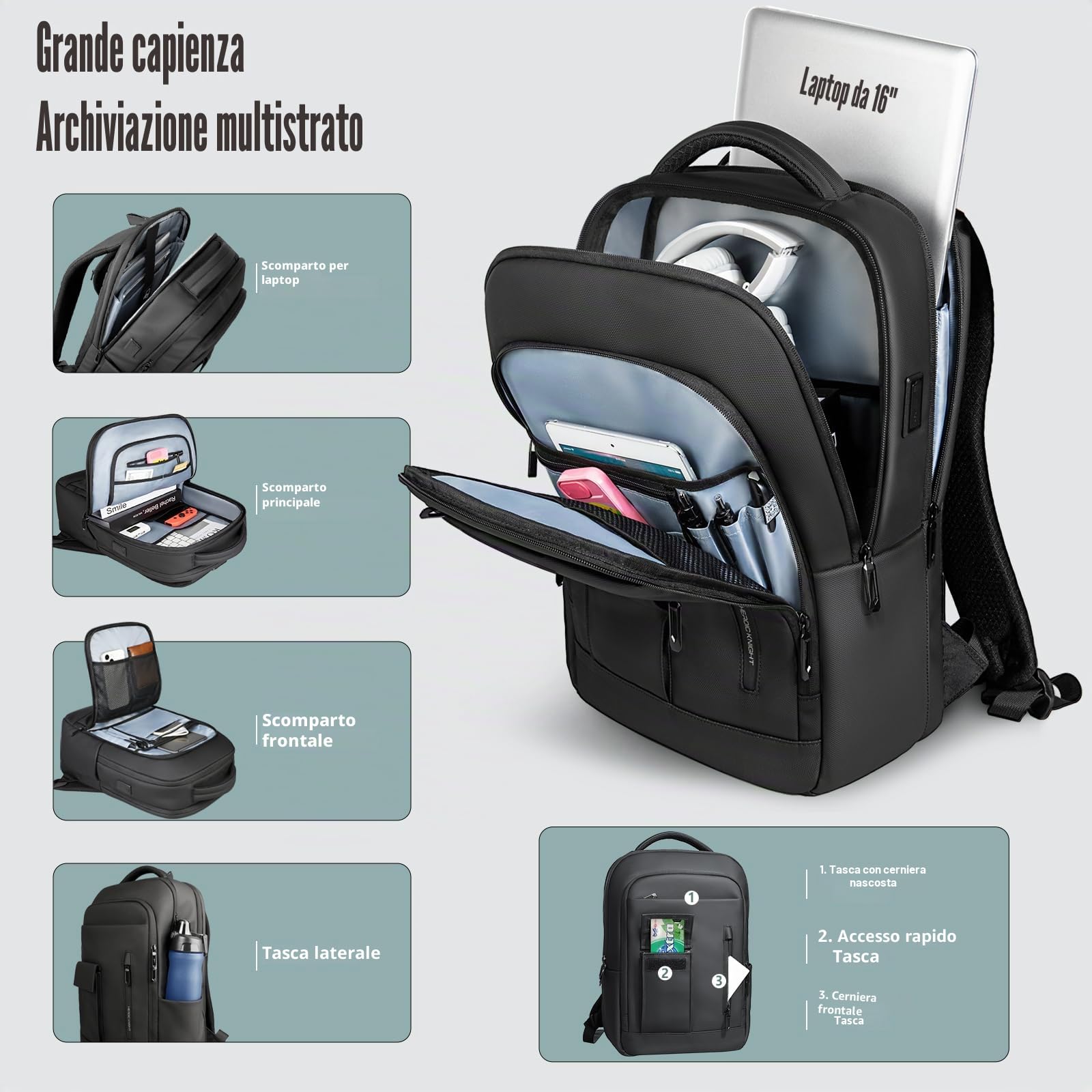 Zaino Uomo per Laptop Computer Zaino da Lavoro da 16 pollici con Porta di ricarica USB Zaino Porta PC da Viaggio Leggero Resistente all'acqua e Antifurto per Ufficio Lavoro Università Scuola-Nero