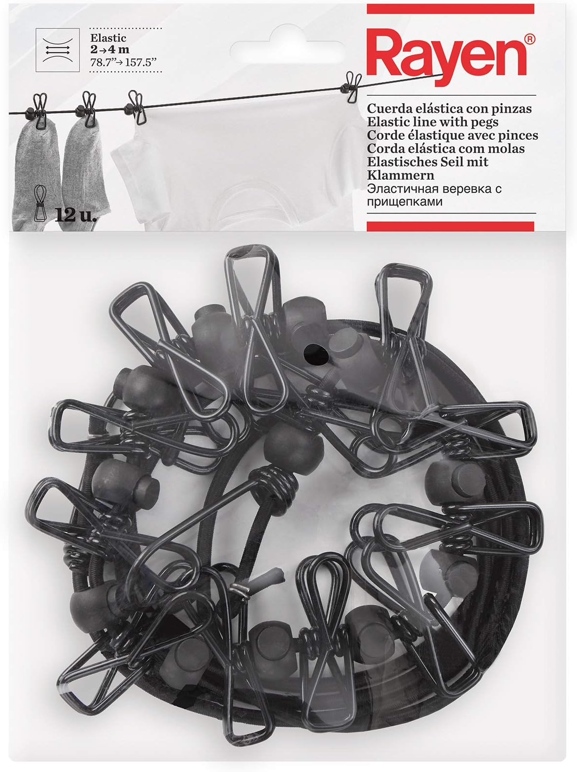 Rayen Elastic Clothline with Pegs, Black