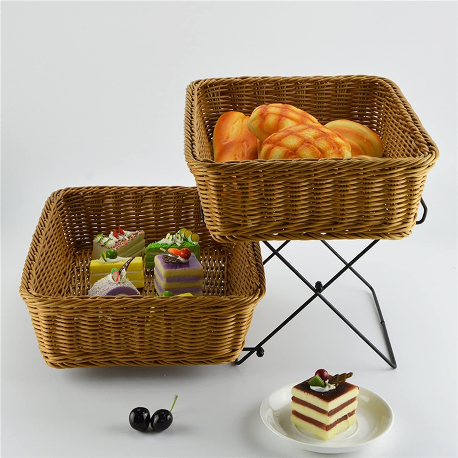 Cesto for Frutta a Doppio Strato Cesto for Esposizione del Pane Vassoio for Pasticceria a Buffet a Due Strati Tessitura Creativa