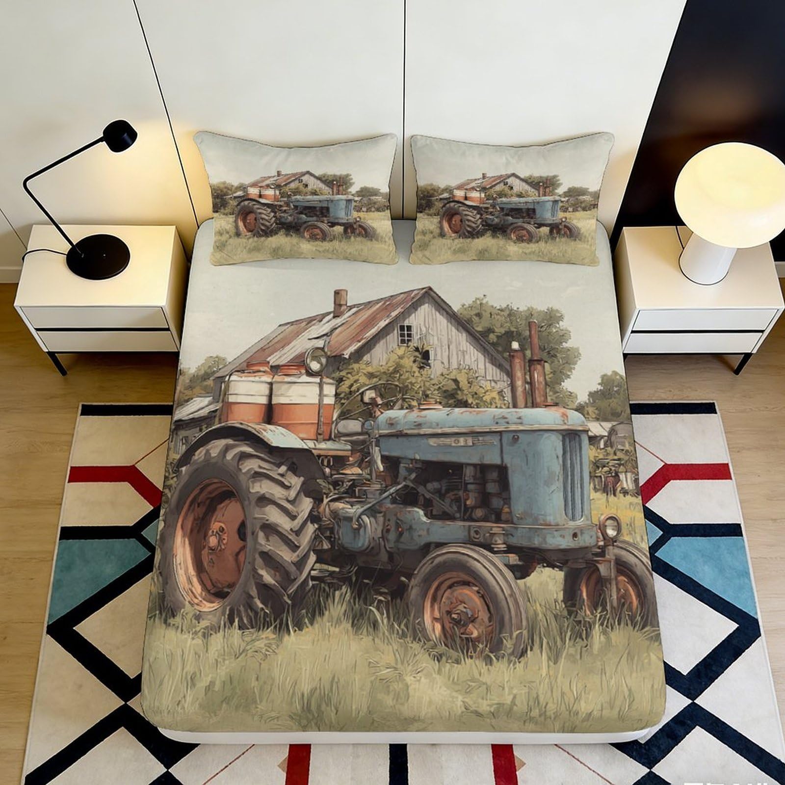 3D Printed Vintage Tractor Fitted Sheet Microfiber Farmhouse Barn Bed Cover Non-slip Washable for Bedroom Decor 90x200x25cm