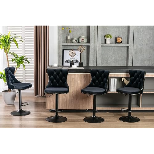 Swivel Bar Stools Set of 4, Adjustable Velvet Counter Height Barstools with High Back & Nailheads Trim, Modern Upholstered Bar Chairs for Dining Room Home Bar Kitchen Island, Black