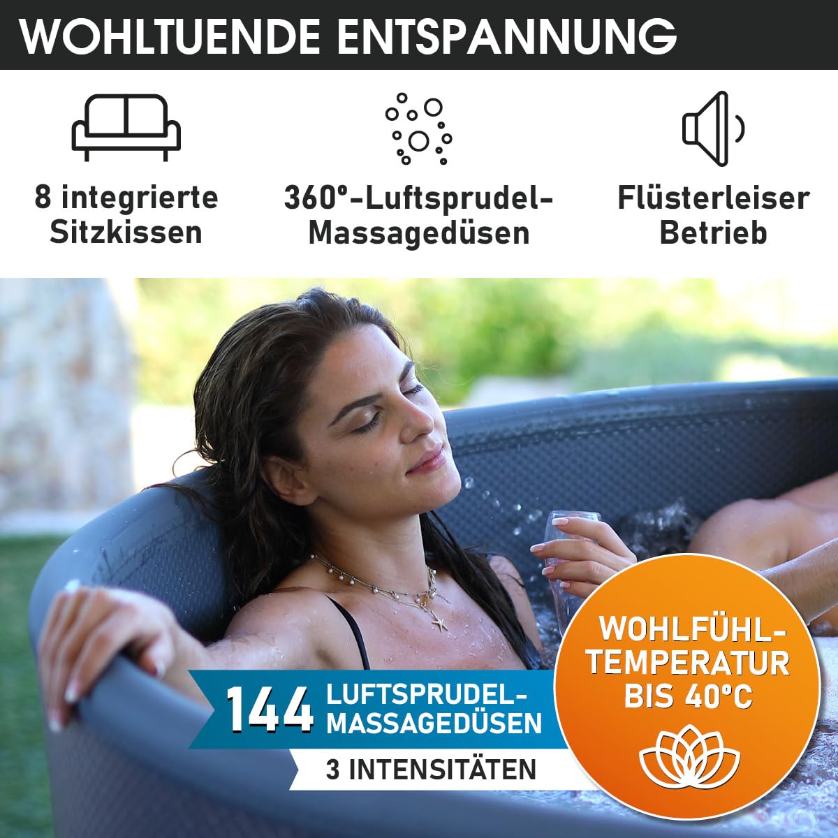 BRAST Whirlpool aufblasbar MSpa Frame Mono Eco für 8 Personen | Ø192x65cm | 144 Massagedüsen in 3 Intensitäten | In- Outdoor Pool | Ganzjähriger Einsatz Winterfest | einfache Steuerung per App