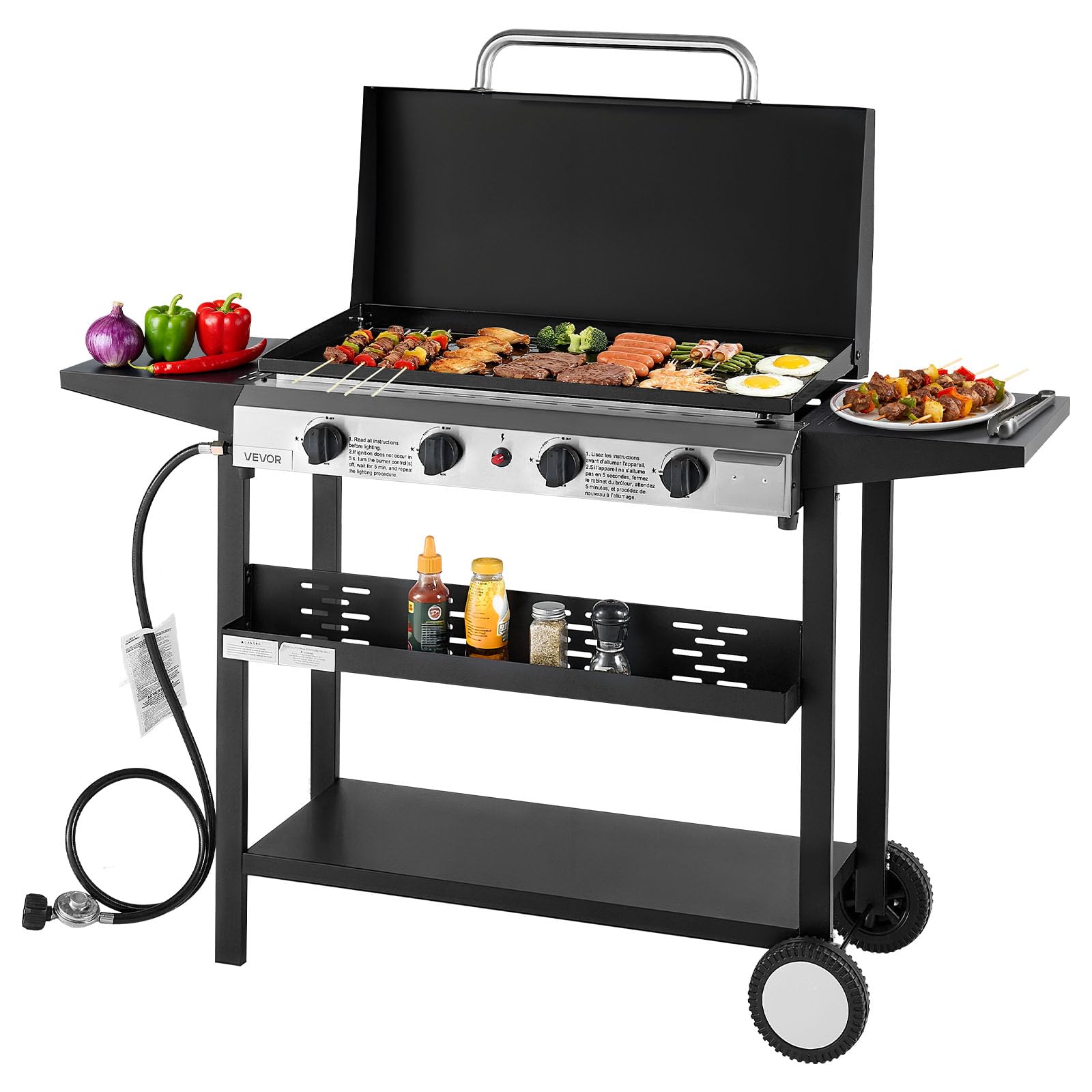Royal Gourmet PD4001 4 Burner Propane Gas Griddle with Removable Standing Cart, Convertible to Tabletop Design, Flat Top Grill with Hood for Camping, Tailgating, Backyard, Black - view 3