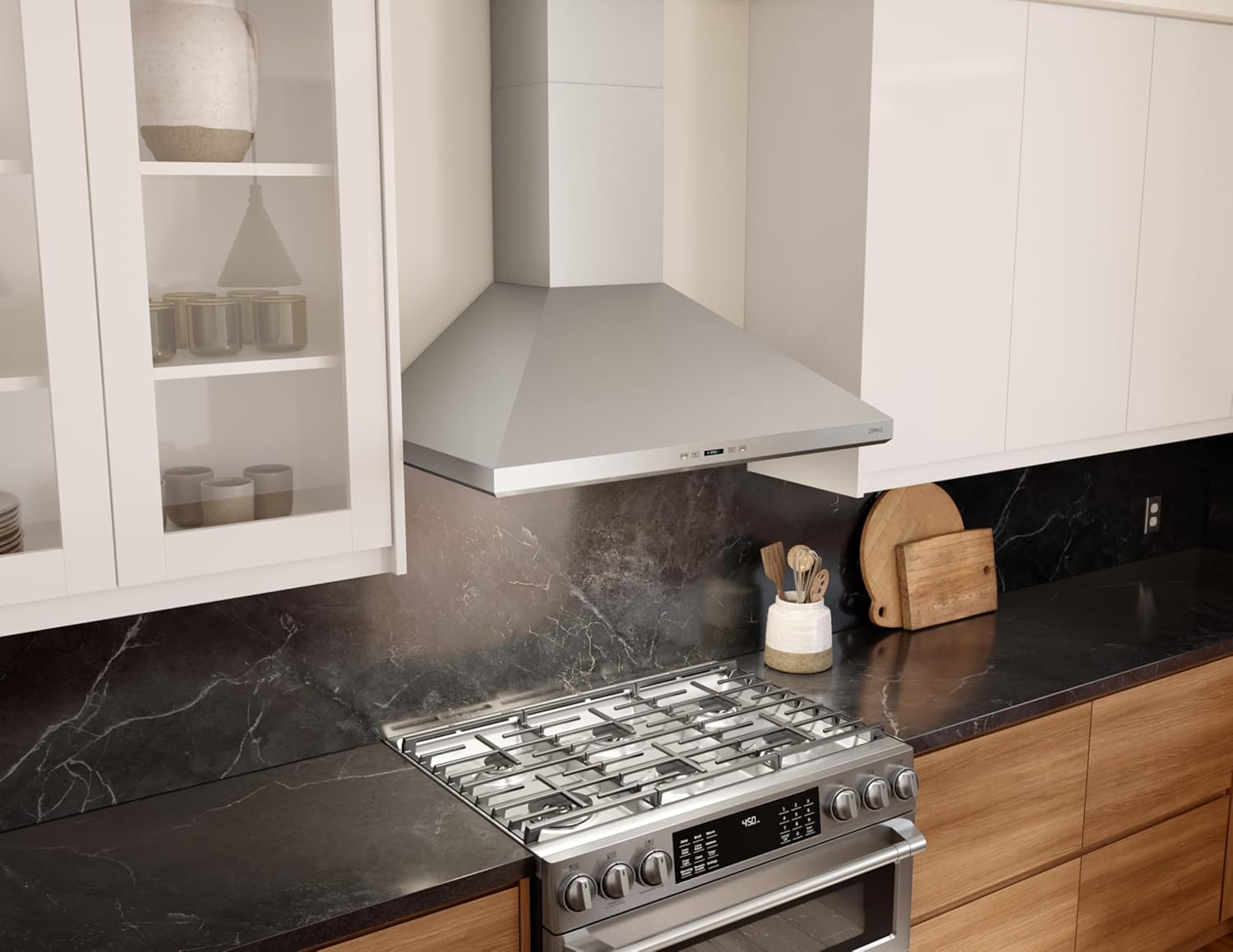 Zephyr Siena ZSI-E36D Range Hood installed in a modern kitchen, side view