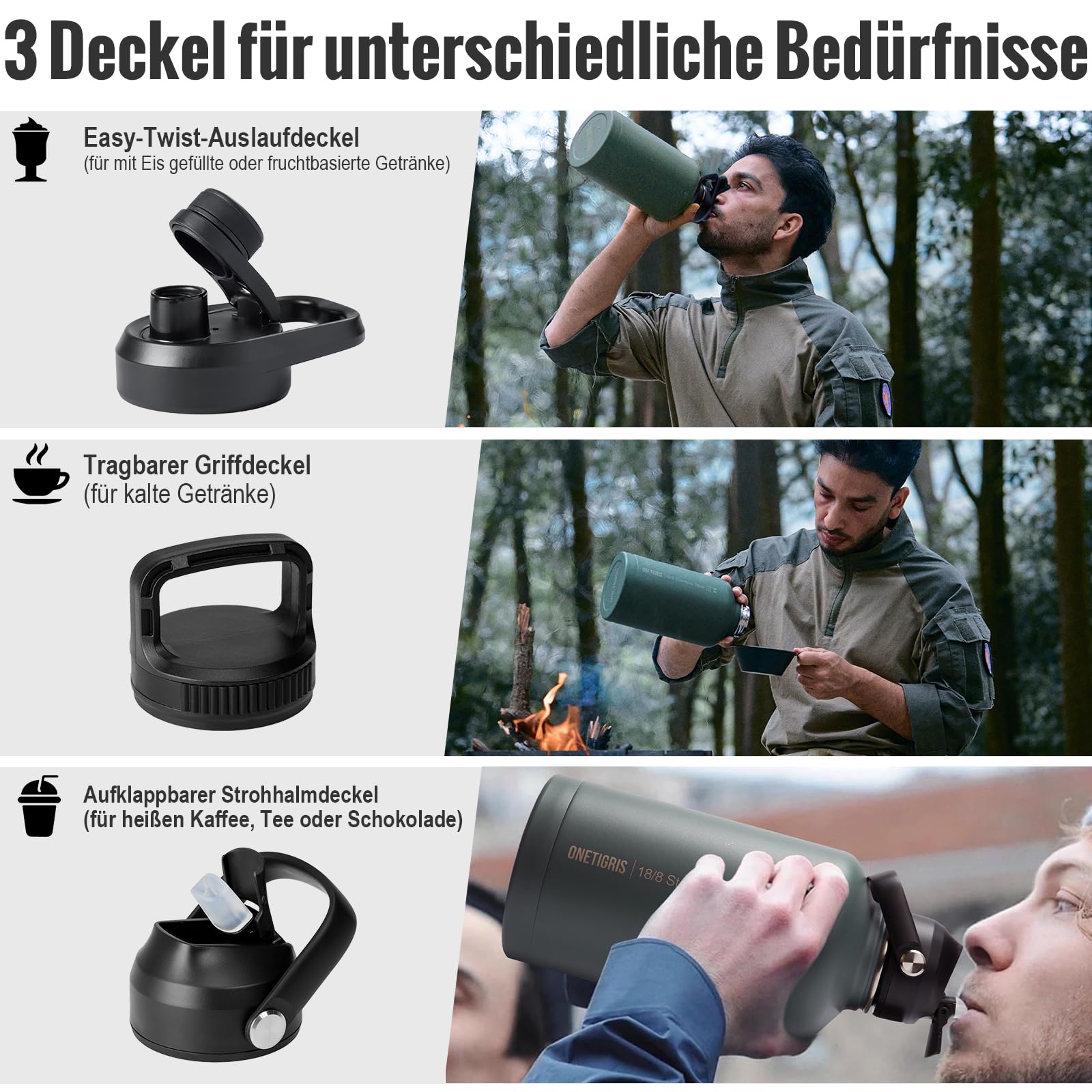 OneTigris Edelstahl Trinkflasche, Wasserflasche 1,9L Hohe Kapazität, Sportflasche mit gute Isolationswirkung für Fahrrad, Camping, Yoga, Gym, Softair, OD Grün, 64OZ