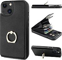 Vista 13 de Folosu Compatible con iPhone 13 Funda cartera con tarjetero con rotación de 360°, soporte de anillo de dedo con función atril, bloqueo RFID, piel