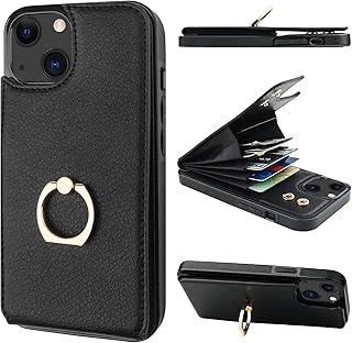 Folosu Compatible with iPhone 14 Case Wallet with Card Holder, 360Â°Rotation Finger Ring Holder Kickstand, RFID Blocking Leather Protective Double Buttons Shockproof Cover 6.1 Inch Black
