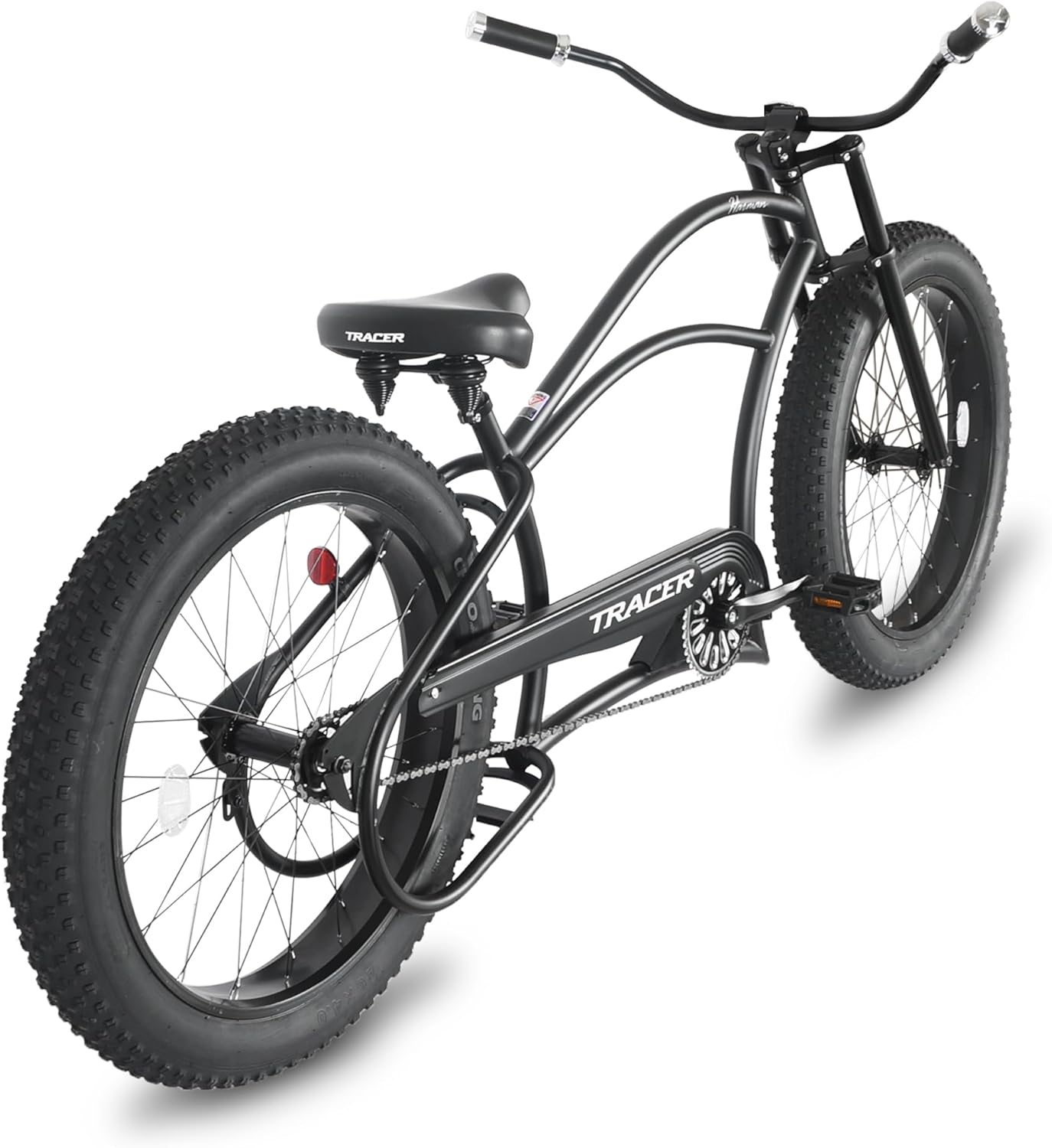 Tracer Harman 26" Stretch Chopper Cruiser Fat Tire Single-Speed Stainless Steel Spokes Triple Tree Fork Beach Cruiser Bike for Adult Hi-Rise/Moon-Type handbar Black/Matte Black