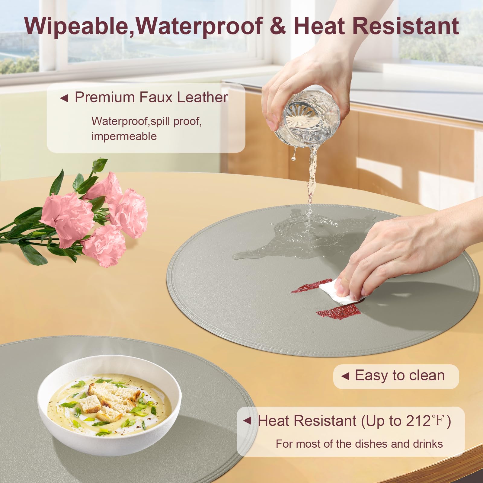 Rinpon Round Vinyl Placemats Set of 6, Faux Leather Waterproof Wipeable Heat Resistant Place Mats, Washable Oil-Proof - Image 4