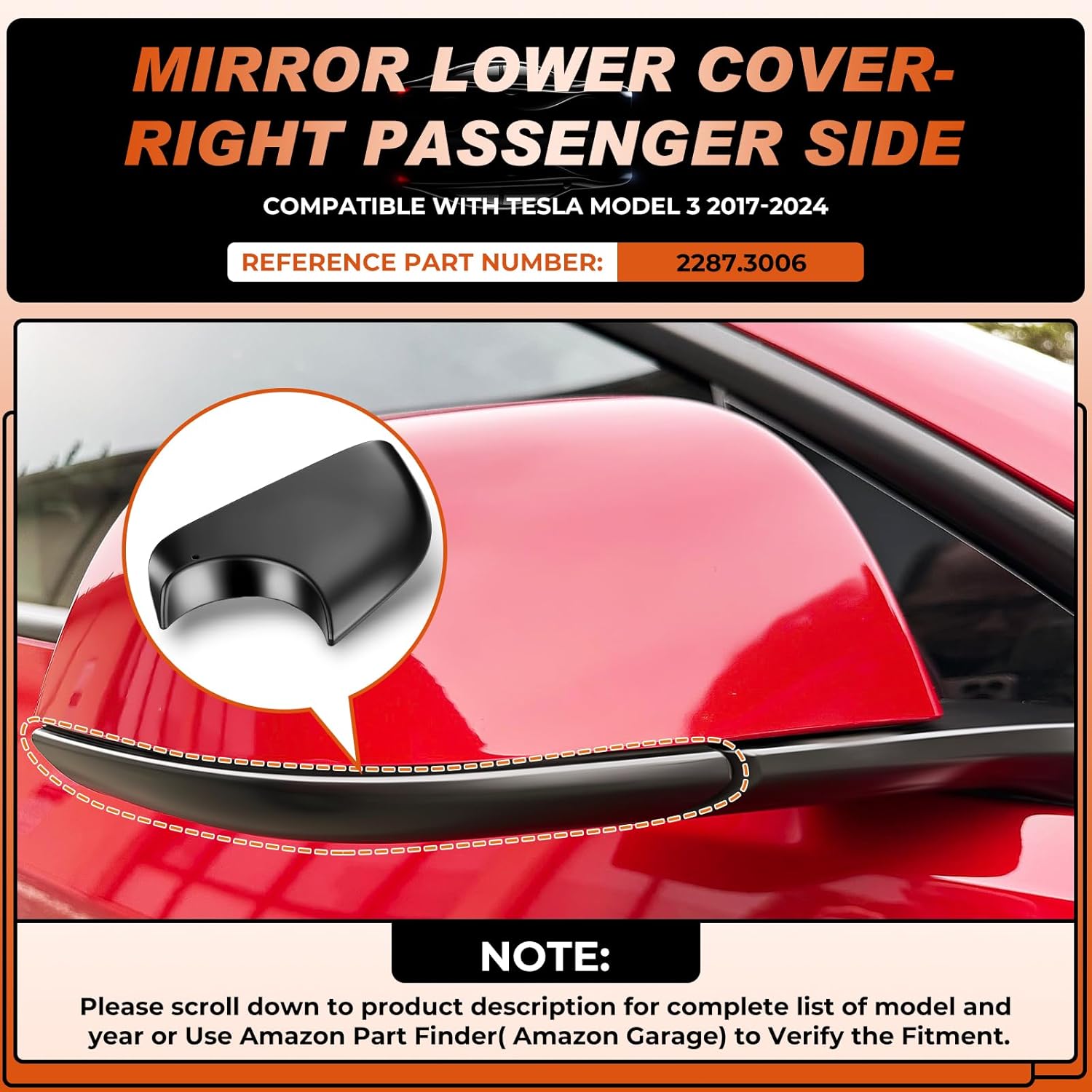 Condition photo showing New/Like New for ACLONG Mirror Lower Cover Right Passenger Side Black Rearview Mirror Base Bottom Cover Holder Tray Fit for Tesla Model 3 2017 2018 2019 2020 2021 2022 2023 2024-1PC Fit for Tesla Model 3 2017-2024-Right Side