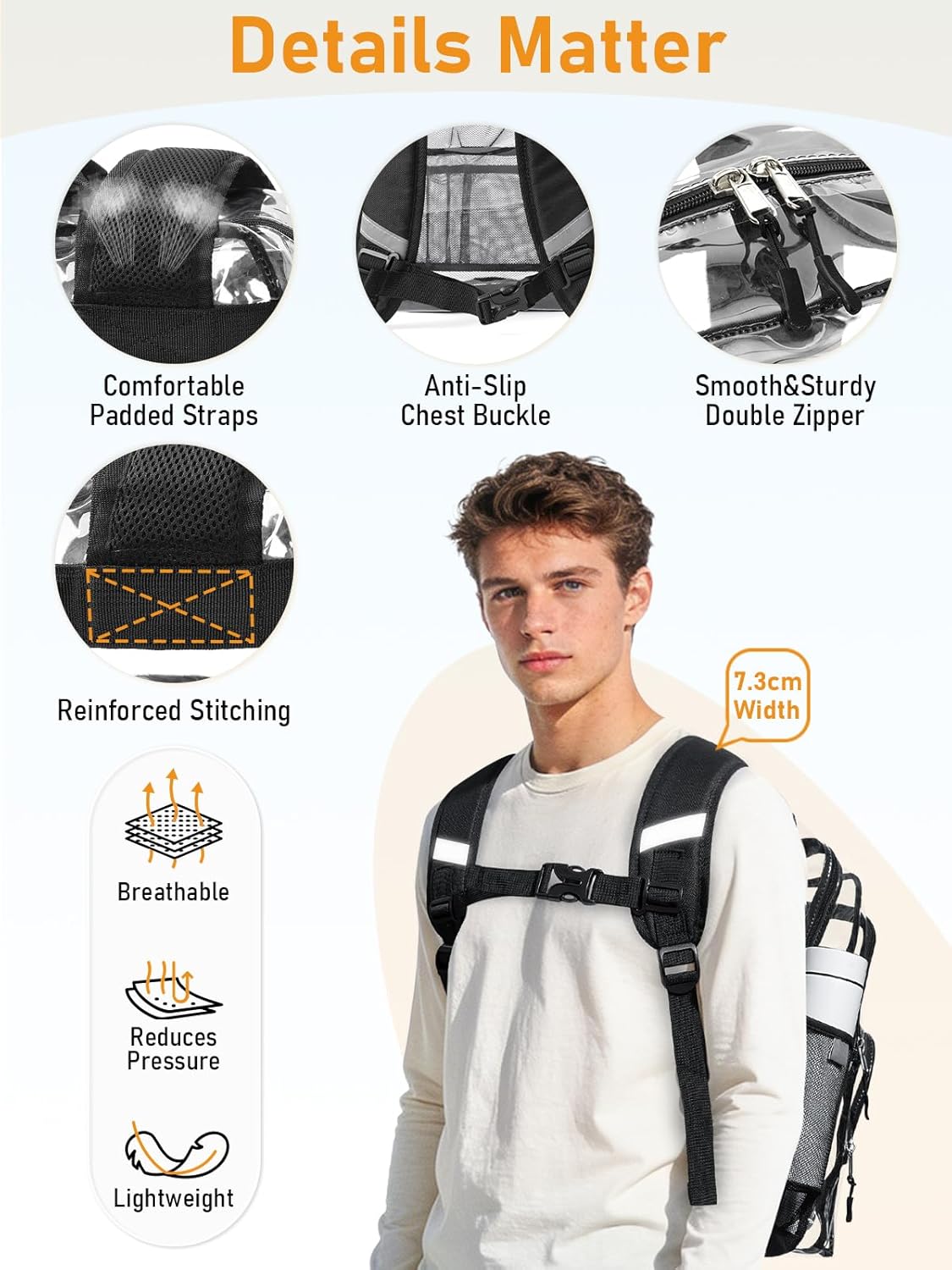 Double Layer Large Clear Backpack, 17 inch Transparent TPU Clear Bookbag, Heavy Duty See Through Backpack for College, Work, Travel, Casual Sport, Black - Image 5