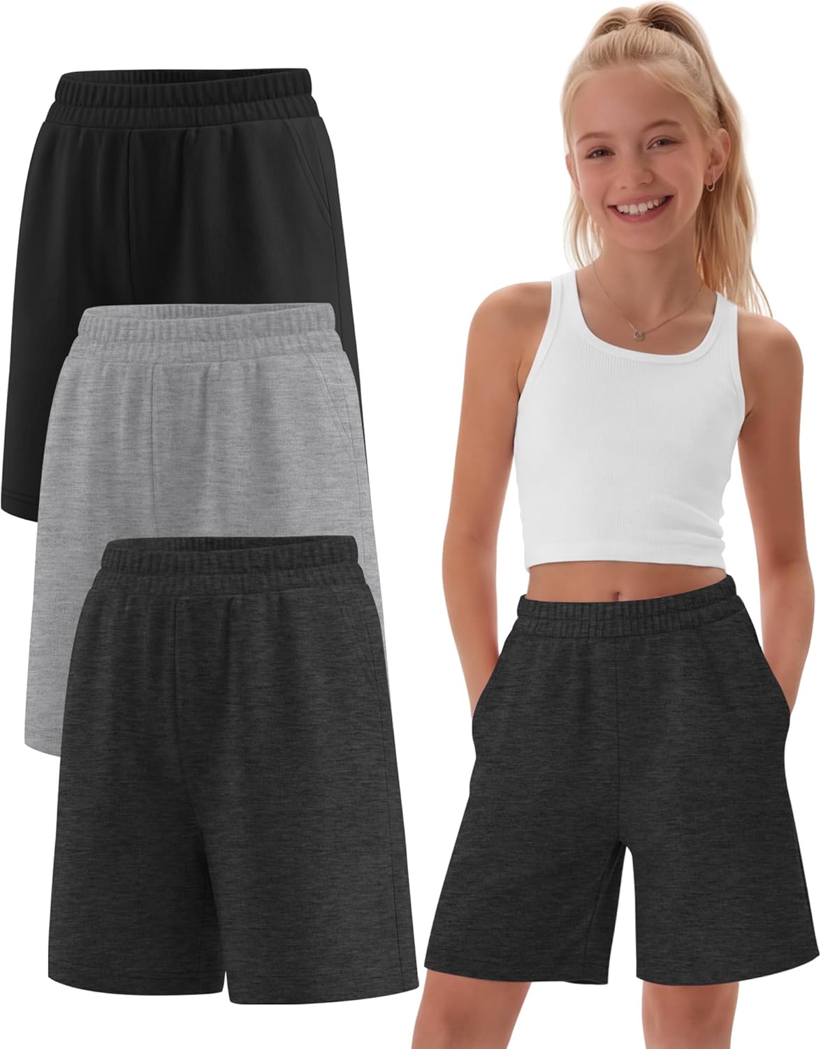 3 Pack Girls Bermuda Shorts Athletic Knee Length Shorts Summer Casual Girl Long Shorts Kids SweatShorts with Pocket