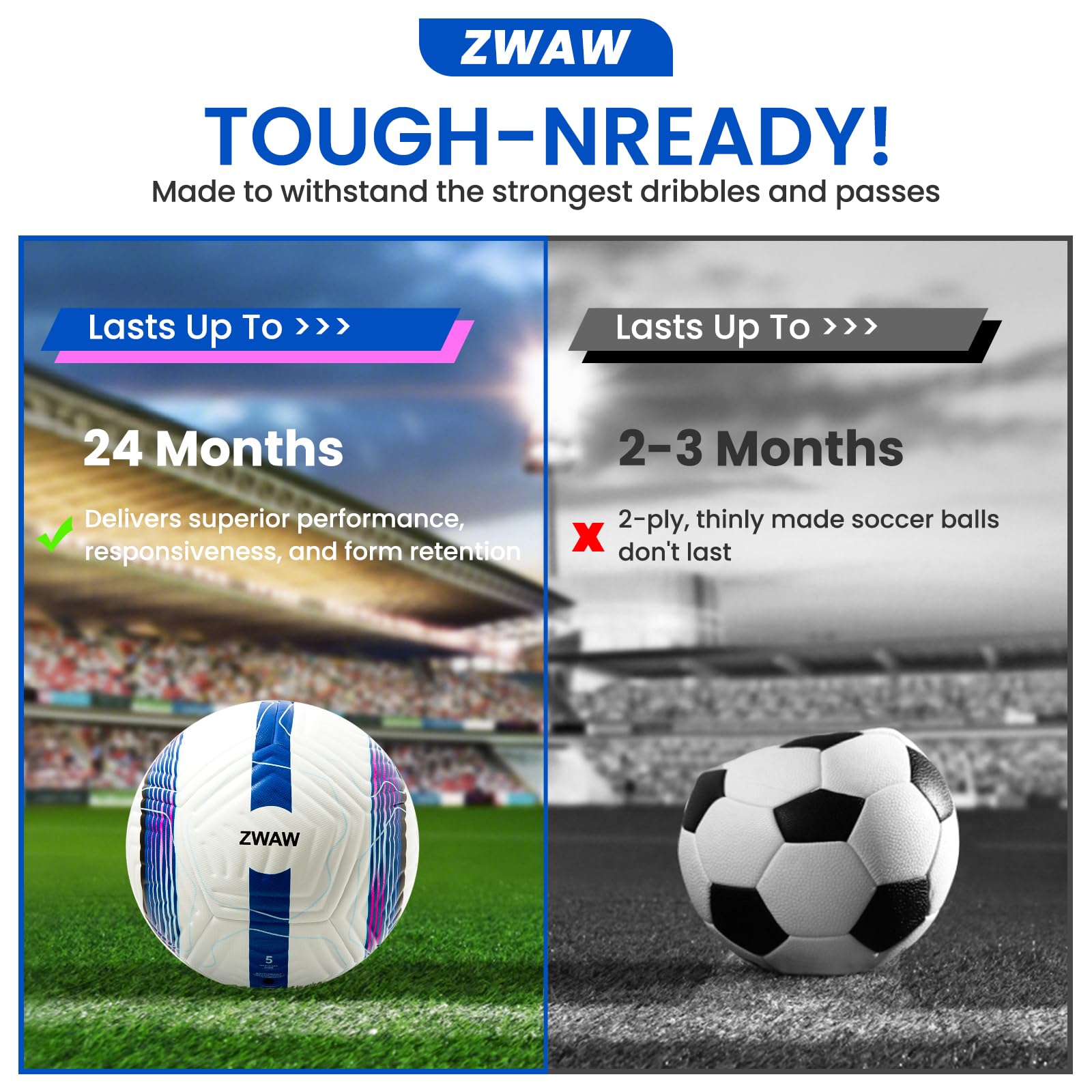 Official Match Soccer Ball Size 5 – Waterproof PU Leather, Includes Pump & Needles, Mesh Storage Bag for Easy Carry