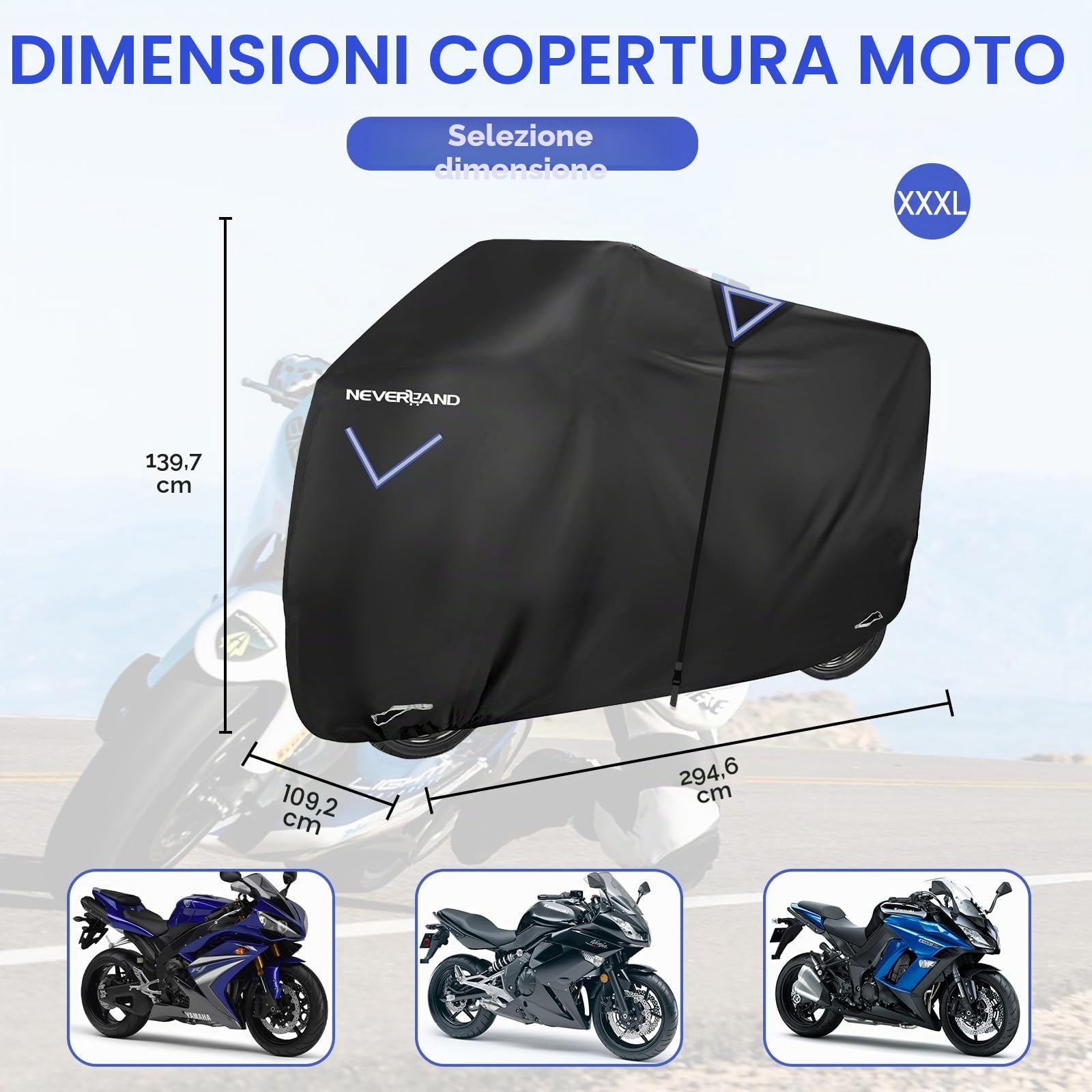NEVERLAND Telo Coprimoto, Telo Moto per Esterno Interno impermeabile 295x110x140cm Tessuto Oxford 300D Copertura Moto Universale per Scooter Motorino Motocicletta XXXL