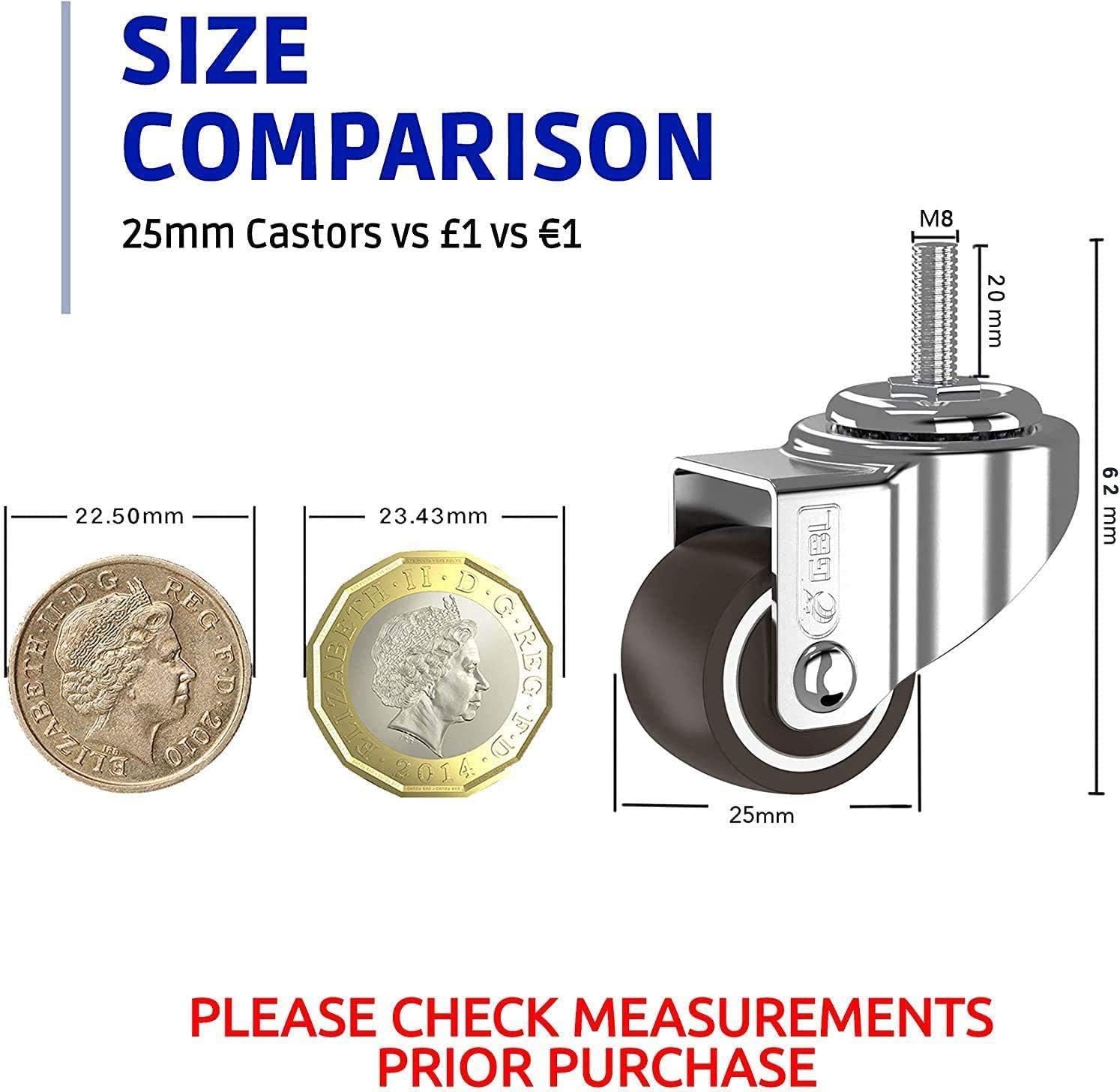 GBL - 1'' Small Caster Wheels + Nuts | Stem Threaded M8x20mm 90Lbs | Low Profile | Dolly Wheels for Furniture Trolley Brake Hardwood Floors: Home Improvement