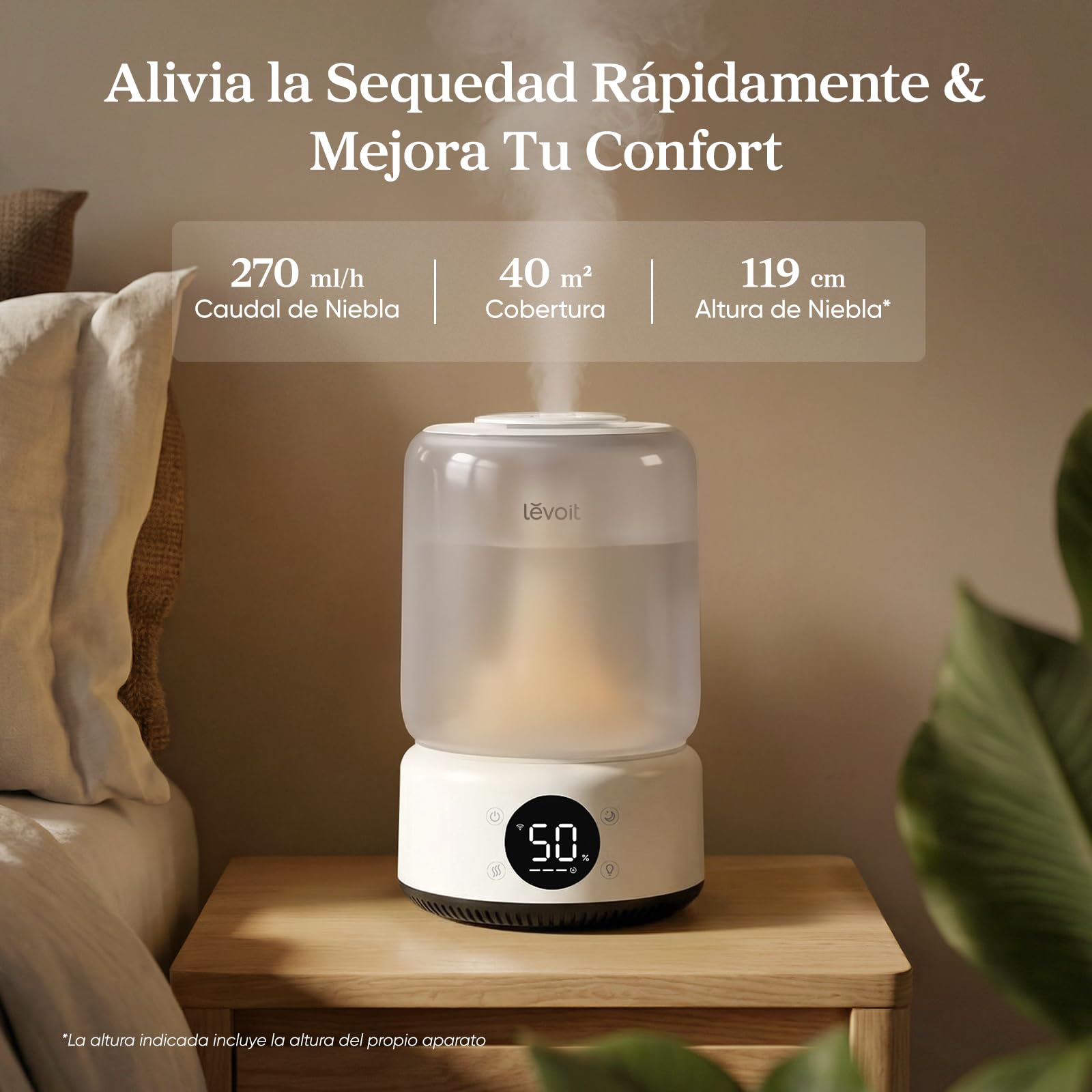 Levoit Humidificador 4,2L hasta 42H, Inteligente, Blanco, NeoClassic 450S | Humidificador Bebés Llenado Superior, Depósito Desmontable, 21dB, Control APP/Voz, Luz y Modo Musical