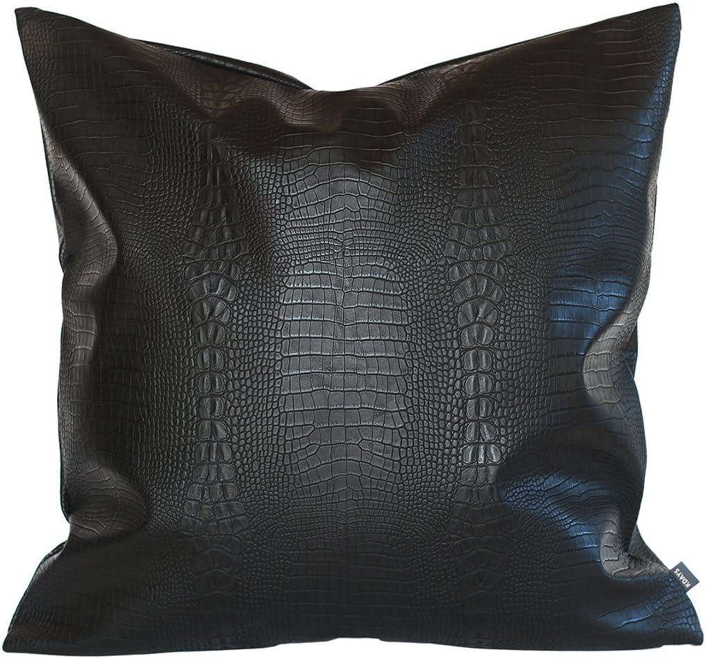 Black Crocodile Skin Thick & Soft Faux Leather Pillow Cover Decorative for Couch Throw Pillow Case Black Leather Cushion Modern Minimalist Waterproof Pillow Cover 16x16 Inches