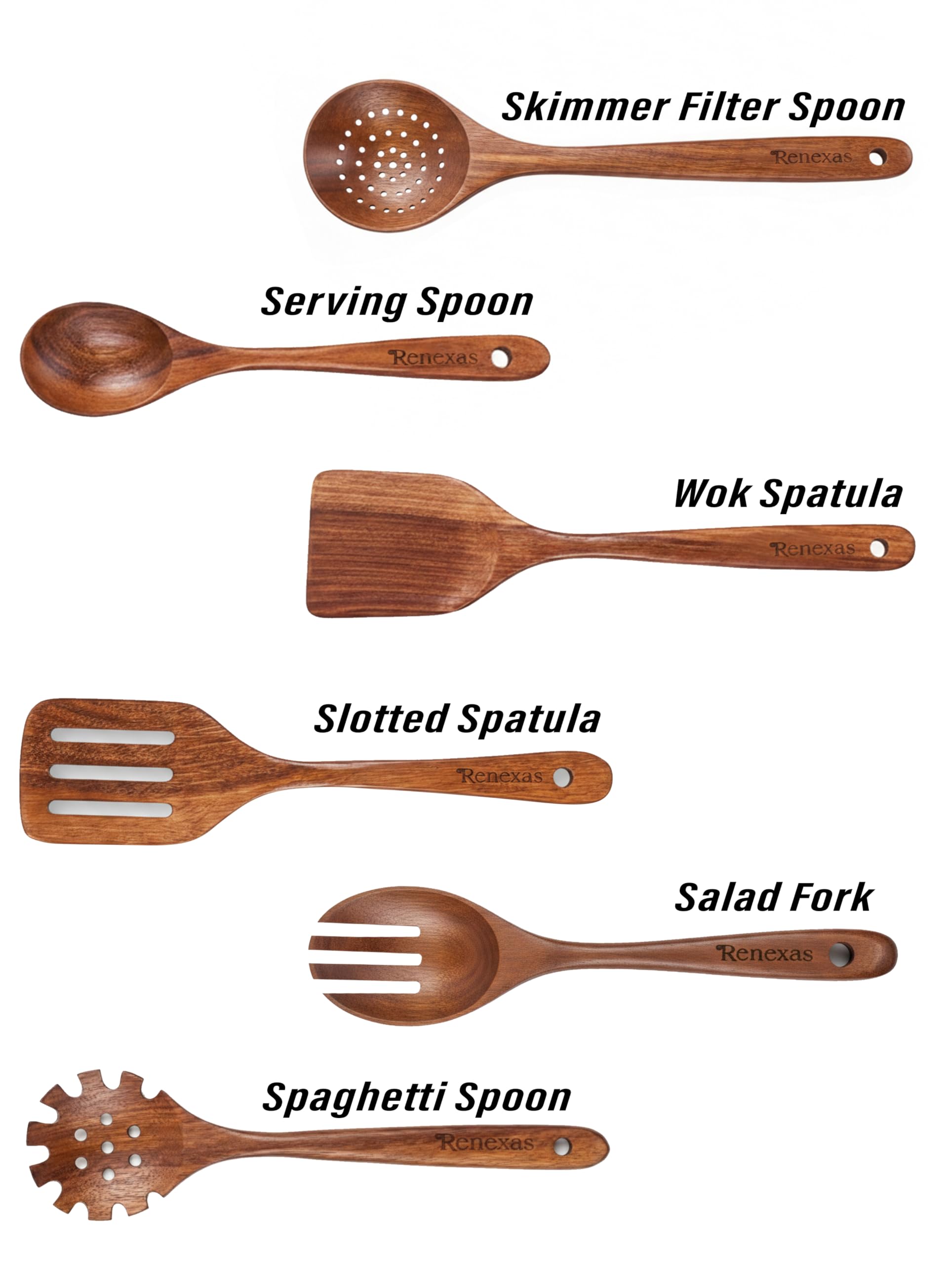 Juego de 6 cucharas de madera para utensilios de cocina, cucharas de cocina de madera de teca natural con espátula antiadherente, utensilios de cocina de bambú con soporte, juego de cucharas de madera