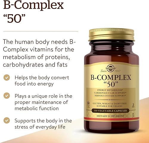 Miniatura 3 de Solgar B-Complex 50 100 cápsulas vegetales metabolismo energético apoyo cardiovascular apoyo del sistema nervioso sin OMG vegano sin gluten sin