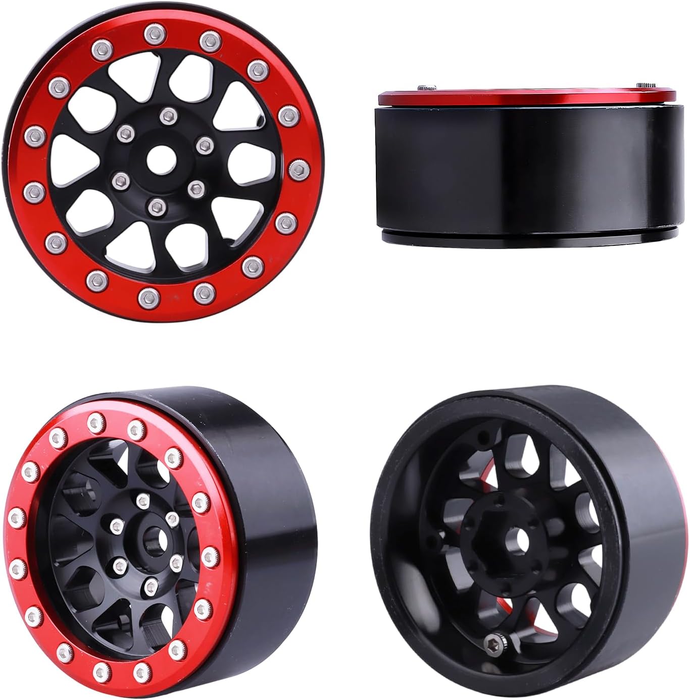 HobbyPark Metal 1.9 Beadlock Wheels Rims 1/10 RC Crawler Upgrades for Traxxas TRX-4 Axial SCX10 II 90046 SCX10 III AXI03007 Redcat Gen 8 (4-Pack) (Red + Black)