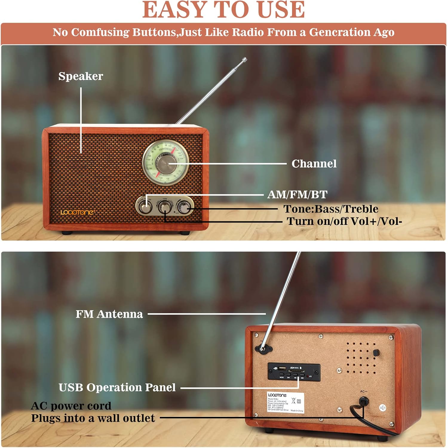 LoopTone USB SD Multifunction AM FM Vintage Radio with Bluetooth Speaker,Retro Wood Table Radio for Kitchen Living Room with Rotary Knob