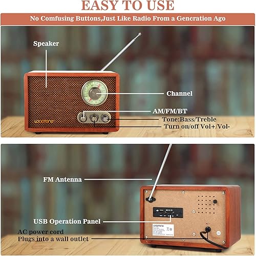 Miniatura 7 de LoopTone Radio vintage AM FM multifunción USB SD con altavoz Bluetooth, radio de mesa de madera retro para cocina, sala de estar con perilla